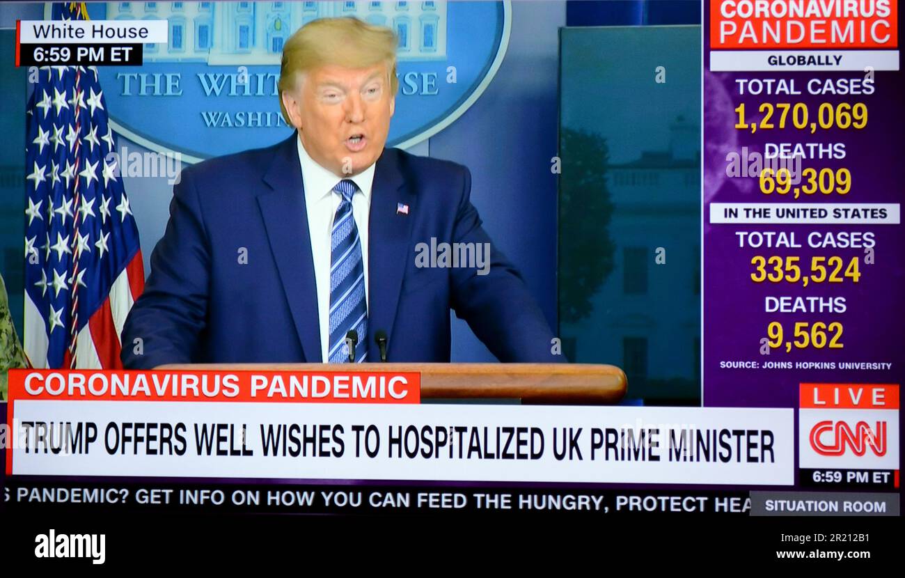 A screengrab from CNN depicting the US President Donald Trump amid the COVID-19 coronavirus pandemic. [Sunday 05/04/2020]. Stock Photo