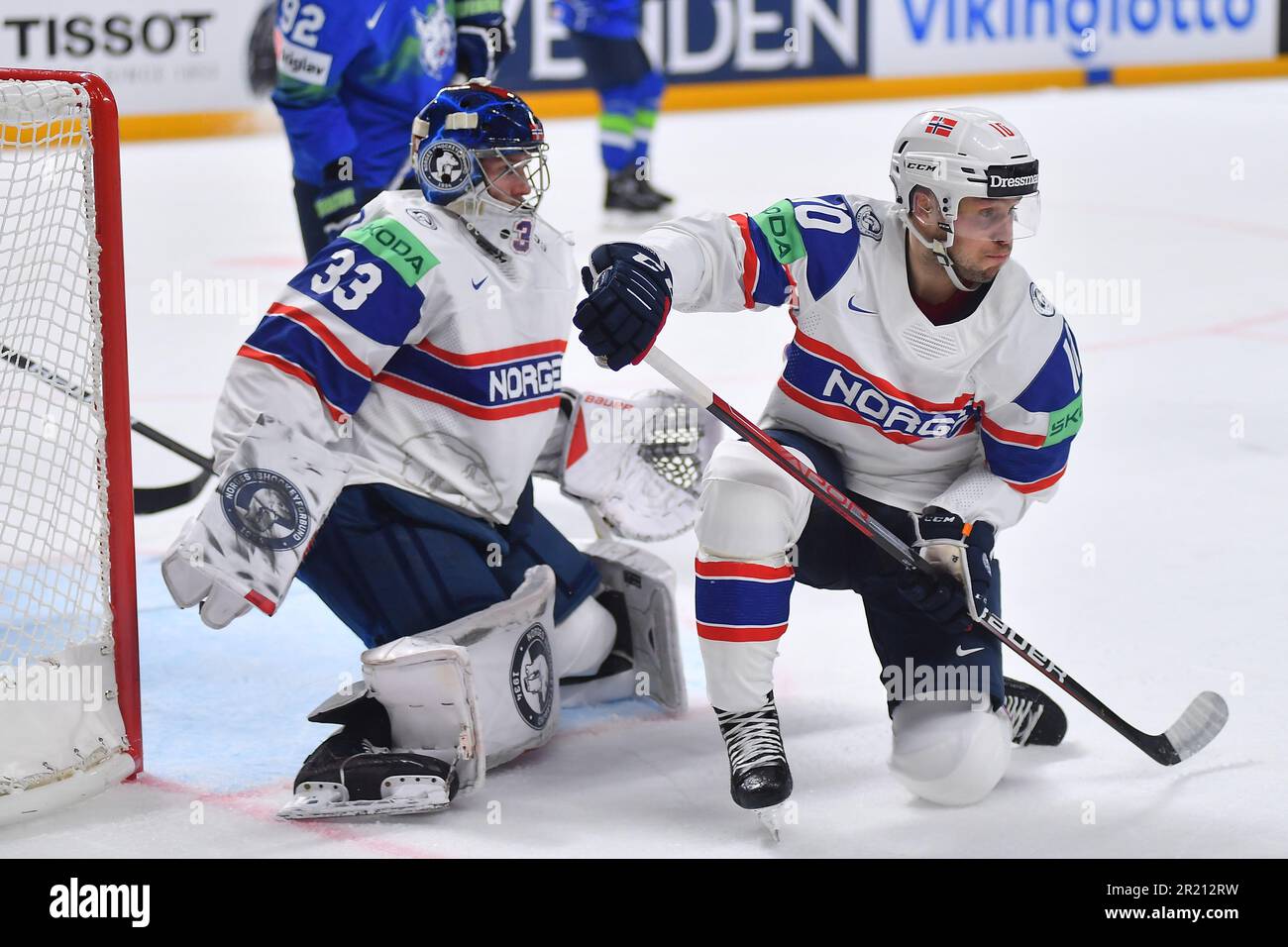 LATVIA, RIGA - 16.05.23: NORSTEBO Mattias, HAUKELAND Henrik. Game Slovenia vs Norway. IIHF 2023 Ice Hockey World Championship at Arena Riga Stock Photo