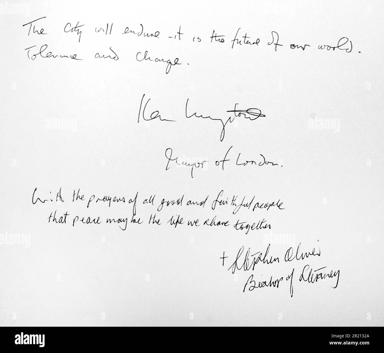 Photograph of Ken Livingstone's condolence message, in a Book of Condolence in Victoria Embankment's Memorial Garden where wreaths, flowers and tributes were laid in memory of the victims of London's terror attacks. The 7th July 2005 London bombings, often referred to as 7/7, were a series of coordinated Islamist terrorist suicide attacks in London, England, that targeted commuters travelling on the city's public transport system during the morning rush hour. Stock Photo