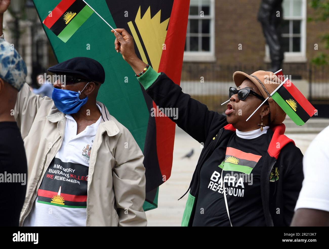 Protest in London for Nnamdi Okwu Kanu a Nigerian pro-Biafra political activist, who is also a British citizen. He is the leader of the Indigenous People of Biafra (IPOB). Kanu founded IPOB in 2014. The main aim of IPOB is to restore the separatist state of Biafra which existed in Nigeria's Eastern Region during the Nigerian Civil War of 1967-1970. Stock Photo