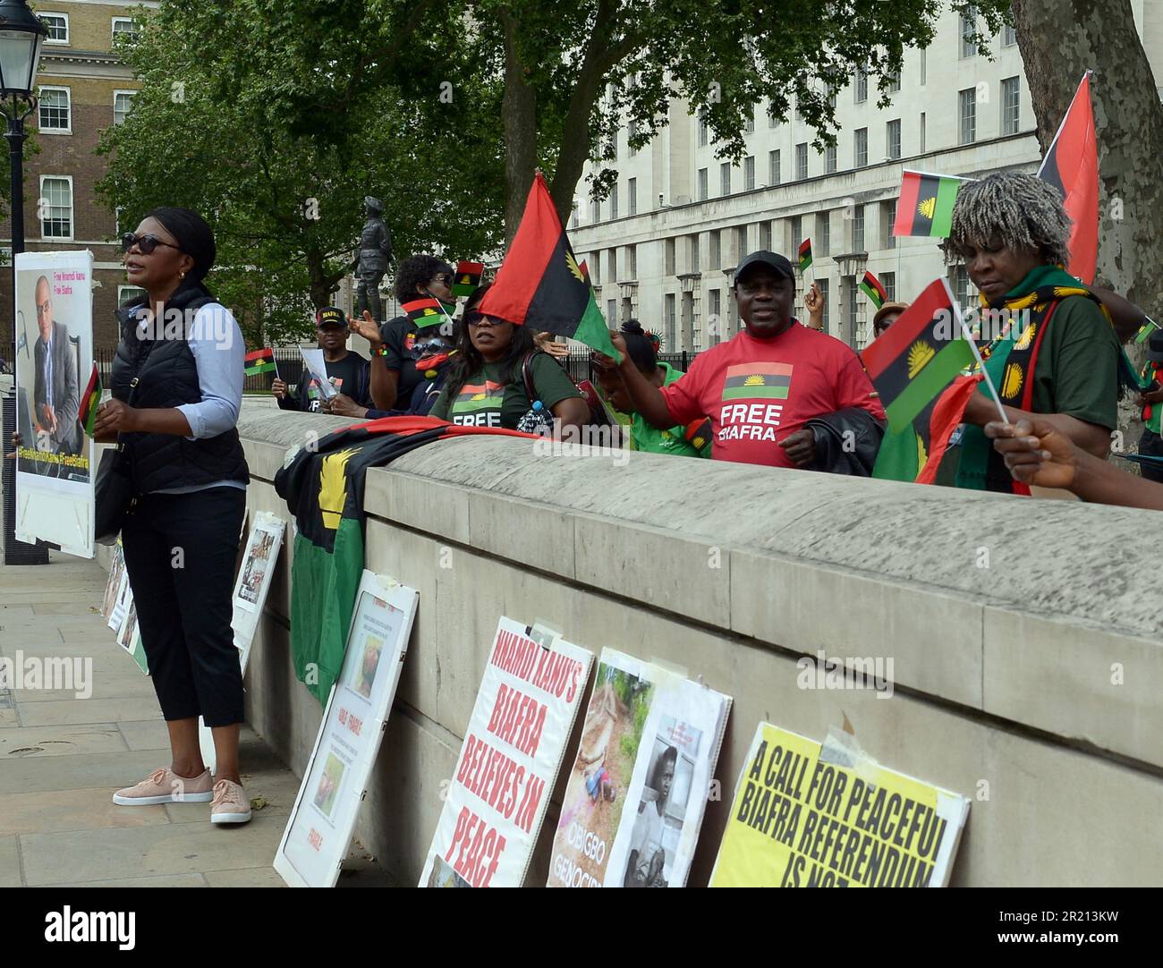 Protest in London for Nnamdi Okwu Kanu a Nigerian pro-Biafra political activist, who is also a British citizen. He is the leader of the Indigenous People of Biafra (IPOB). Kanu founded IPOB in 2014. The main aim of IPOB is to restore the separatist state of Biafra which existed in Nigeria's Eastern Region during the Nigerian Civil War of 1967-1970. Stock Photo