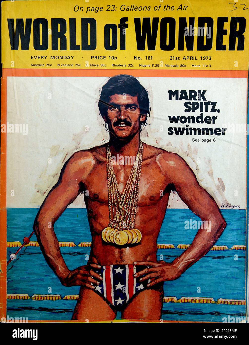 An edition of the magazine World of Wonder published in the 1970s, reports on the Olympic swimmer Mark Spitz. World of Wonder was a British educational magazine for children published by IPC's Fleetway Publications (formerly Amalgamated Press) from 1970 to 1975. Stock Photo