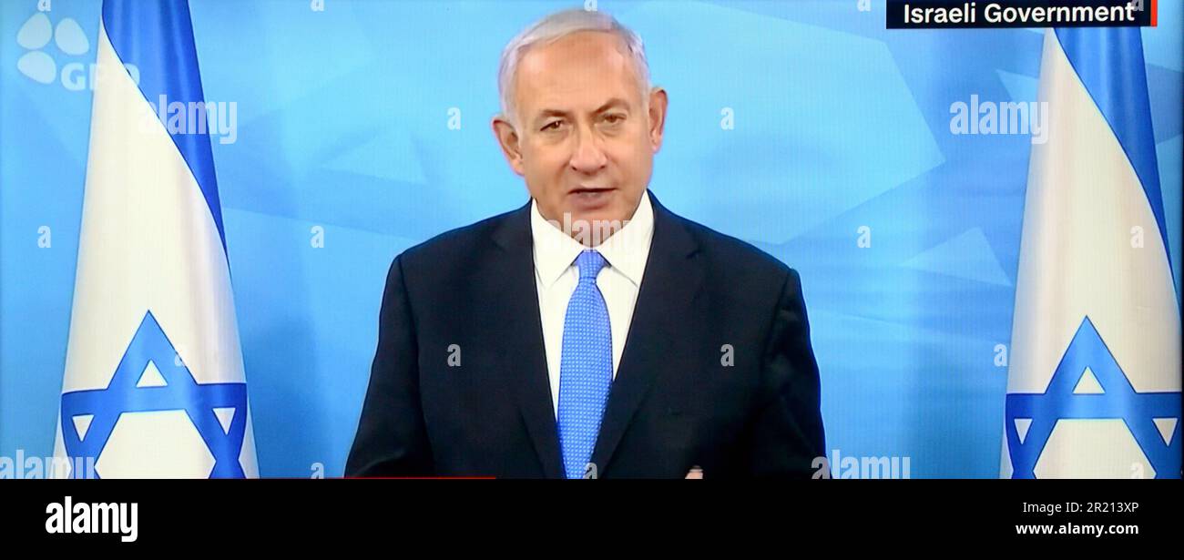 Television news coverage from CNN as Benjamin Netanyahu talks about the