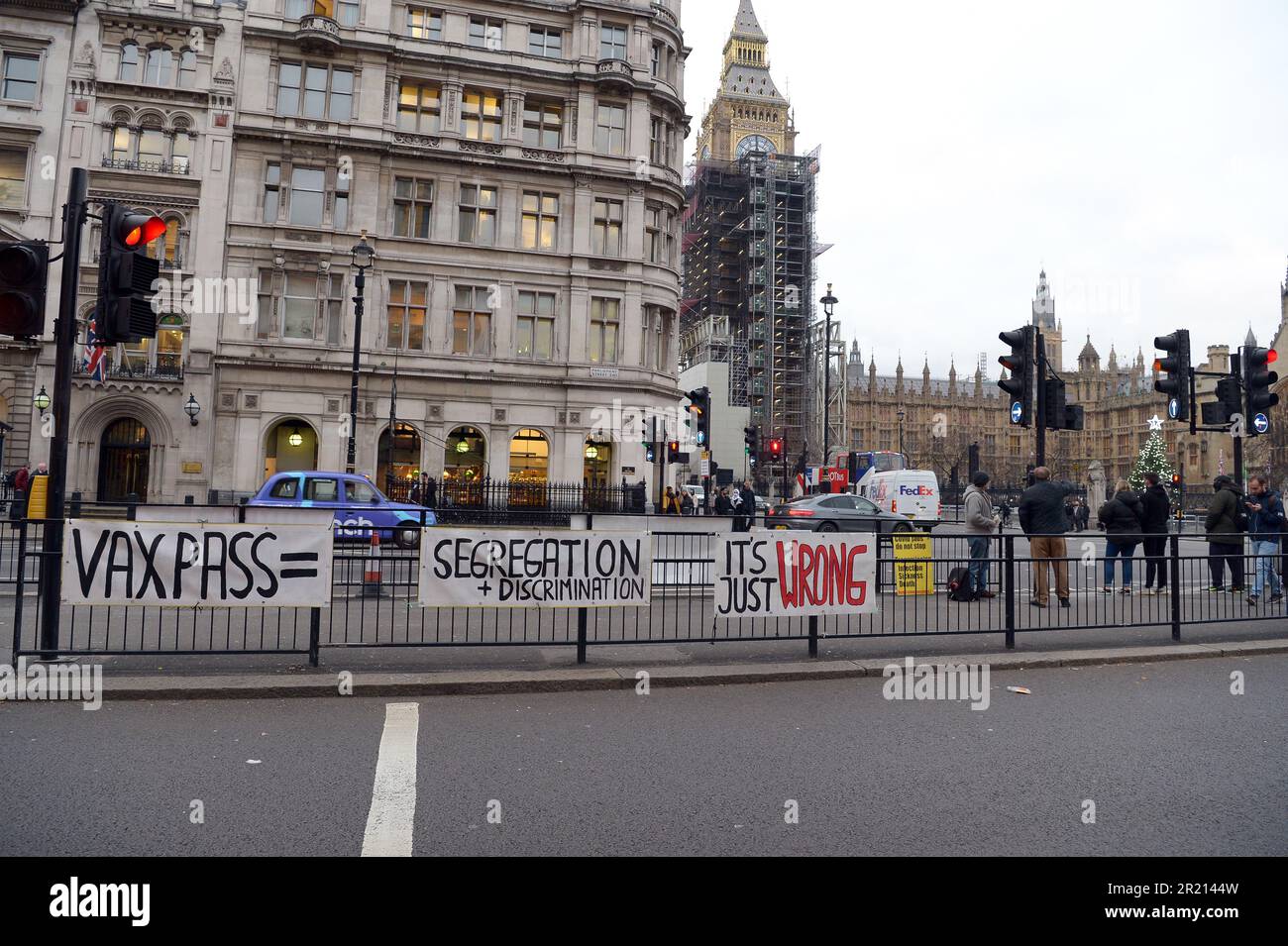 Anti-Vaxxers outside the UK Parliament in London amid the COVID-19 coronavirus pandemic. November 2021. Stock Photo