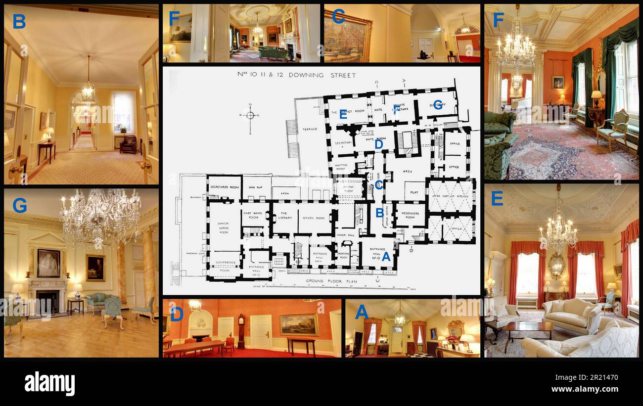 Floor plan of 10 Downing Street in London, the official residence and executive office of the