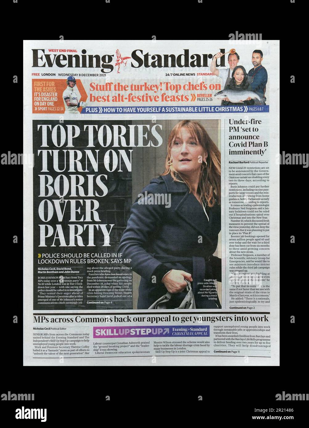 Front page London Evening Standard newspaper headline after the resignation of Allegra Stratton, former Downing Street Press Secretary under Boris Johnson from November 2020 to April 2021. In April 2021, Stratton was appointed as spokesperson for COP26 President Alok Sharma. She resigned from this post in December 2021 after footage was released of her at a December 2020 press conference rehearsal, in which she joked with colleagues about a Christmas party that secretly took place at 10 Downing Street while the country was in a COVID-19 lockdown. Stock Photo