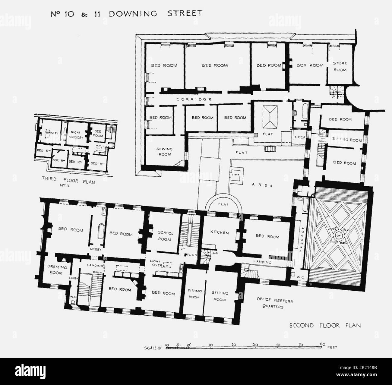 Floor plan of 10 Downing Street in London, the official residence and executive office of the British prime minister. it is the headquarters of the Government of the United Kingdom. Situated in Downing Street in the City of Westminster, London, Number 10 is over 300 years old and contains approximately 100 rooms. A private residence for the prime minister's use occupies the third floor and there is a kitchen in the basement. The other floors contain offices and conference, reception, sitting and dining rooms. Stock Photo
