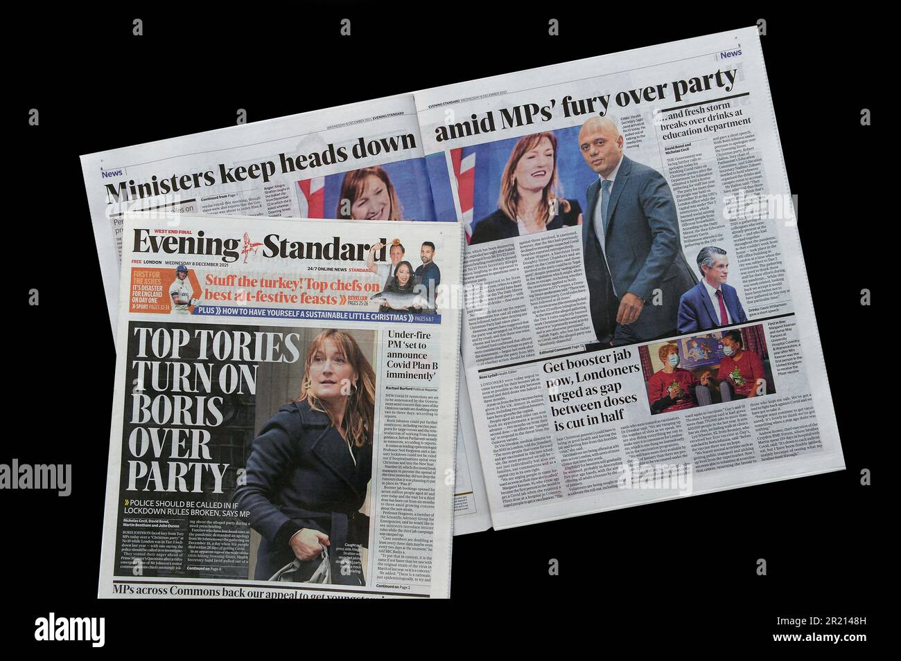 Front page London Evening Standard newspaper headline after the resignation of Allegra Stratton, former Downing Street Press Secretary under Boris Johnson from November 2020 to April 2021. In April 2021, Stratton was appointed as spokesperson for COP26 President Alok Sharma. She resigned from this post in December 2021 after footage was released of her at a December 2020 press conference rehearsal, in which she joked with colleagues about a Christmas party that secretly took place at 10 Downing Street while the country was in a COVID-19 lockdown. Stock Photo