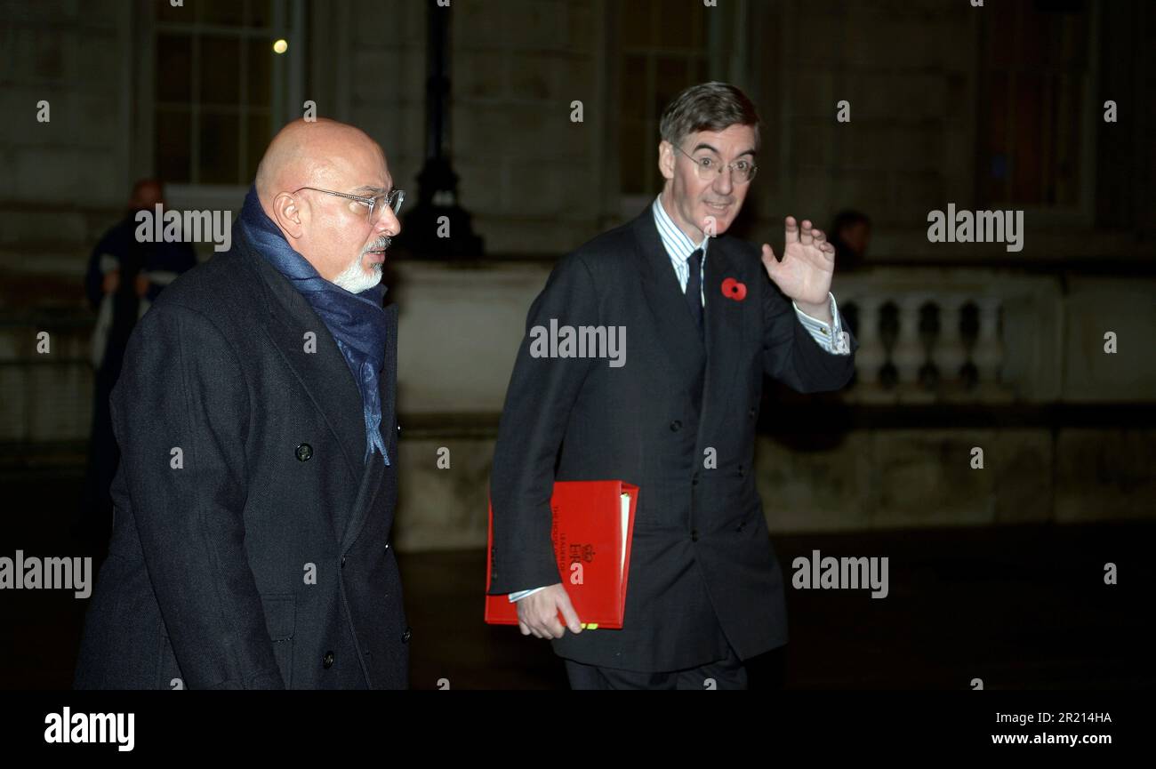 Nadhim Zahawi, Education Secretary, and Jacob Rees-Mogg, Leader of the House of Commons, leave the Cabinet Office following a meeting. 2021. Stock Photo