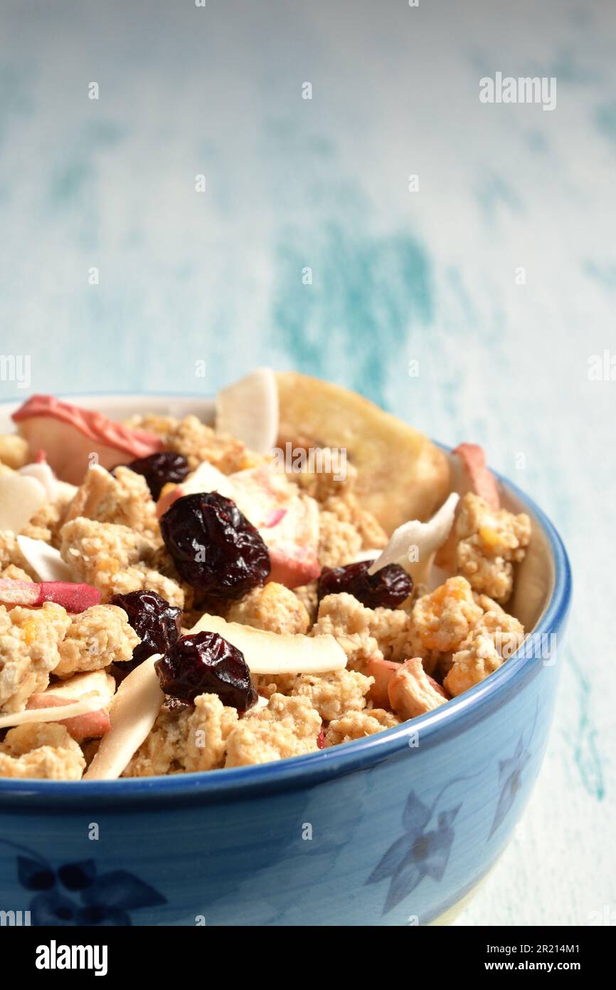 Bowl of delicious breakfast muesli with dried coconut, banana, apple