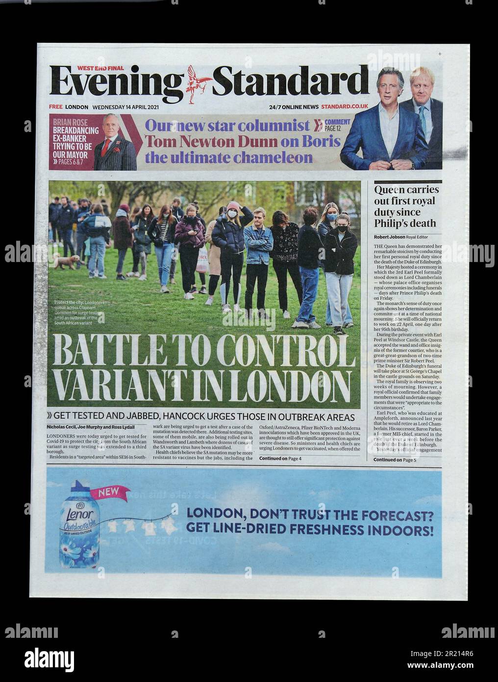 The Evening Standard dated Wednesday 14th April 2021 reports on surge testing being carried out in the UK to help stem the spread of the so-called South African variant (also known as 20H/501Y.V2 or B.1.351 and later the Beta variant) amid the COVID-19 coronavirus pandemic. Stock Photo