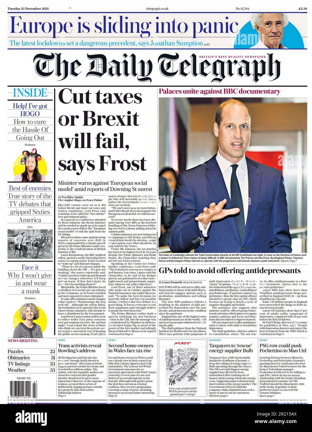 Daily Telegraph newspaper Headline (British), 2021. Cut taxes says Lord Frost or Brexit will fail November 2021 Stock Photo