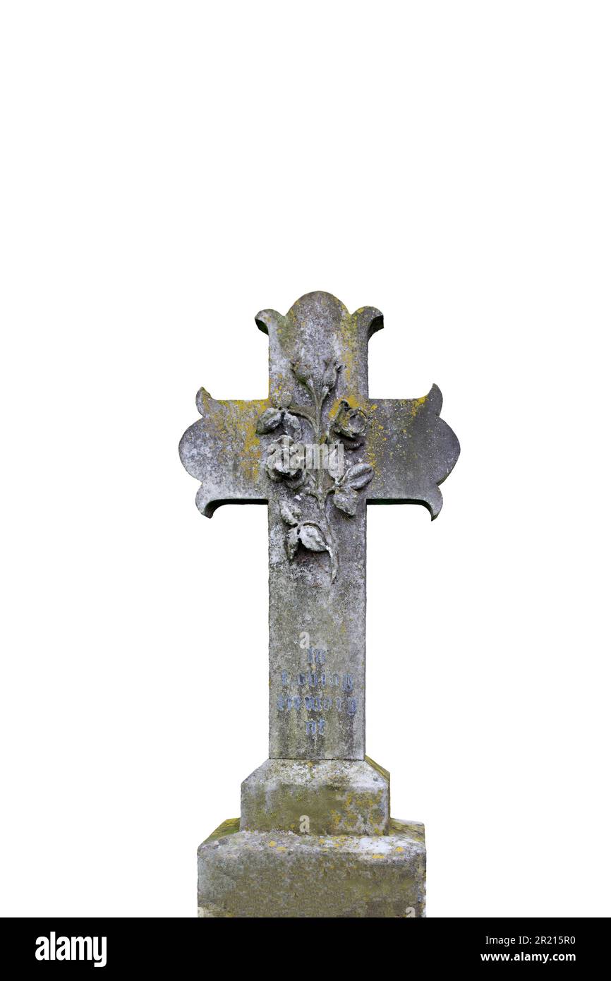 Gravestone cross with a rose carving, with in loving memory of inscription. Isolated on a white background Stock Photo