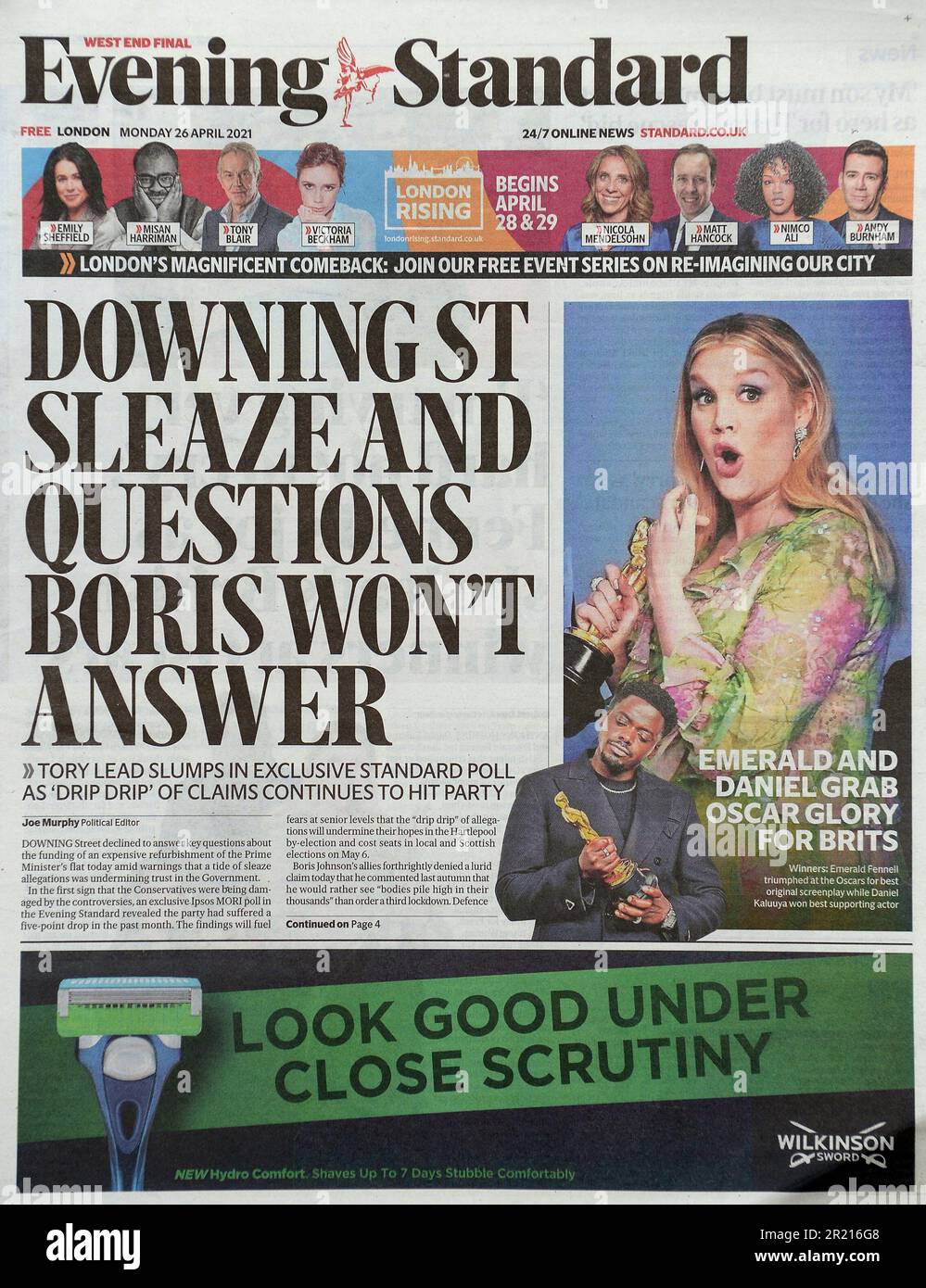Evening Standard front page (British newspaper), reporting on sleaze ...