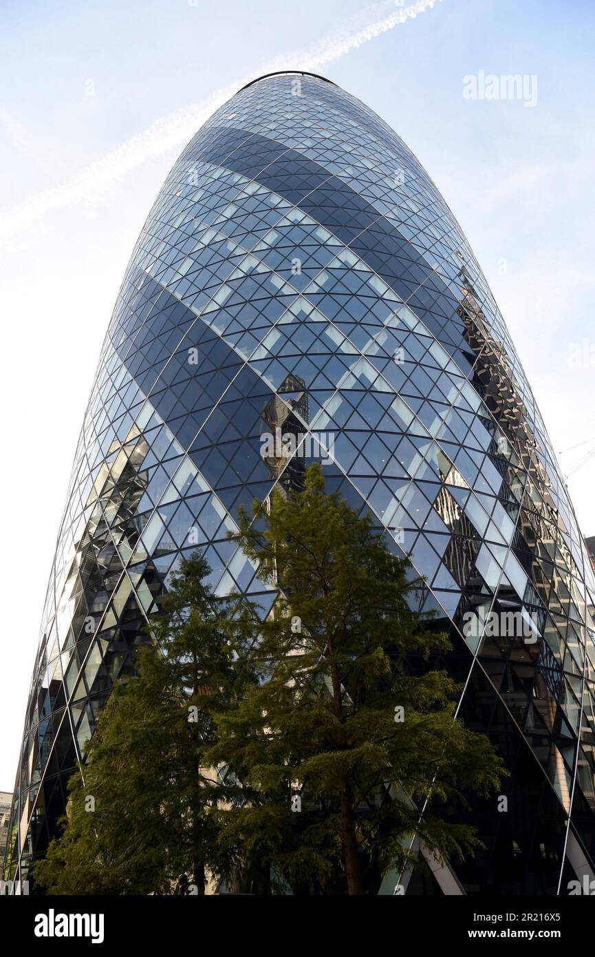 30 St Mary Axe, informally known as The Gherkin, located in the City of London financial district. Stock Photo