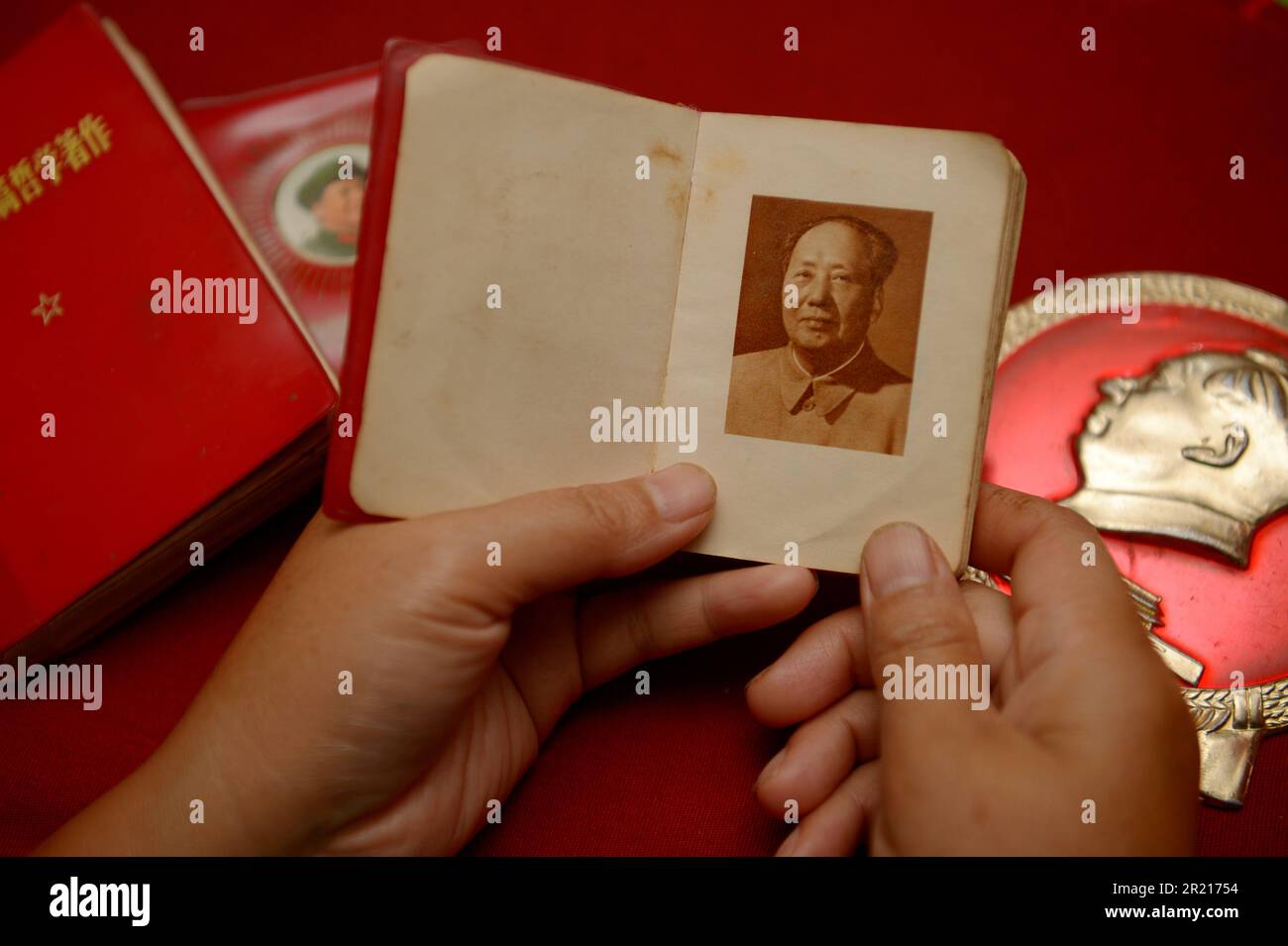 During the Cultural Revolution, Mao's personality cult manifested itself in the ubiquitous wearing of badges depicting Chairman Mao, and people carrying around a Little Red Book with the writings of Mao, which would be studied and quoted from at every opportunity. Stock Photo