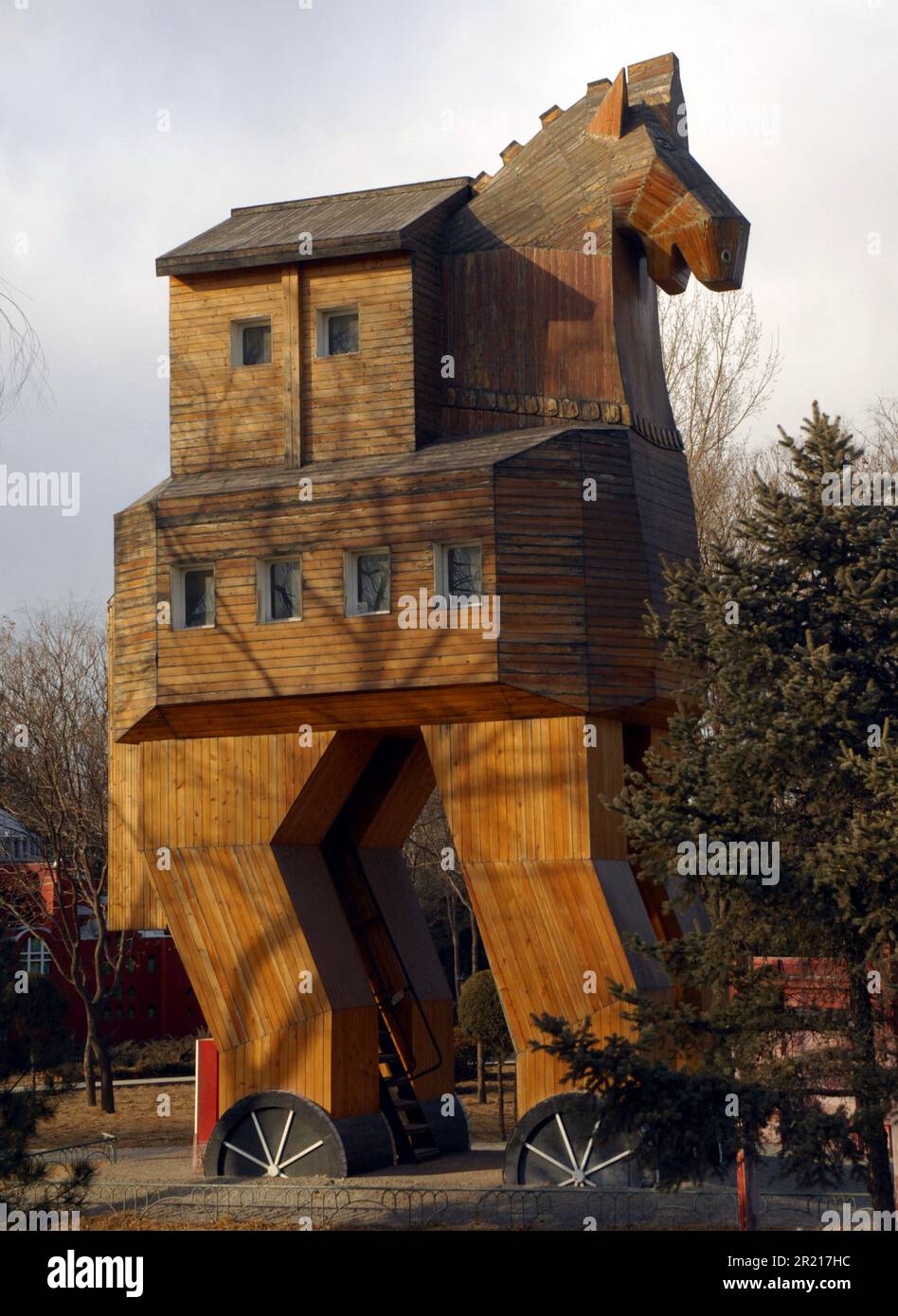 replica of the Trojan Horse as depicted in a tale from the Trojan War, as told in Virgil's Latin epic poem The Aeneid, also by Dionysius, Apollodorus and Quintus of Smyrna.. situated at the Beijing World Park Stock Photo