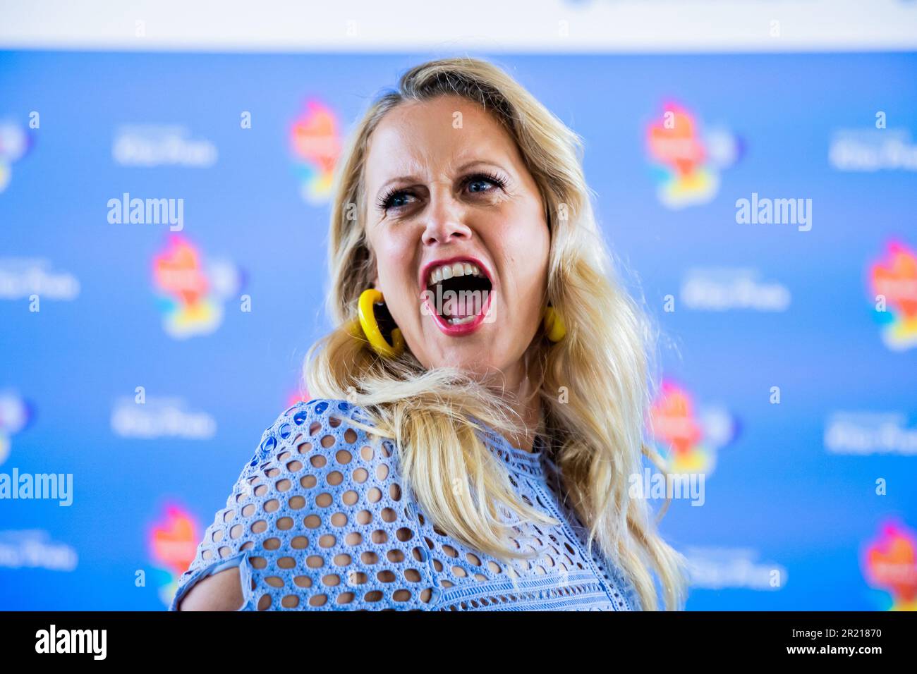 Berlin, Germany. 16th May, 2023. Barbara Schöneberger, presenter, reacts before the award ceremony of the German Kita Award. Credit: Christoph Soeder/dpa/Alamy Live News Stock Photo