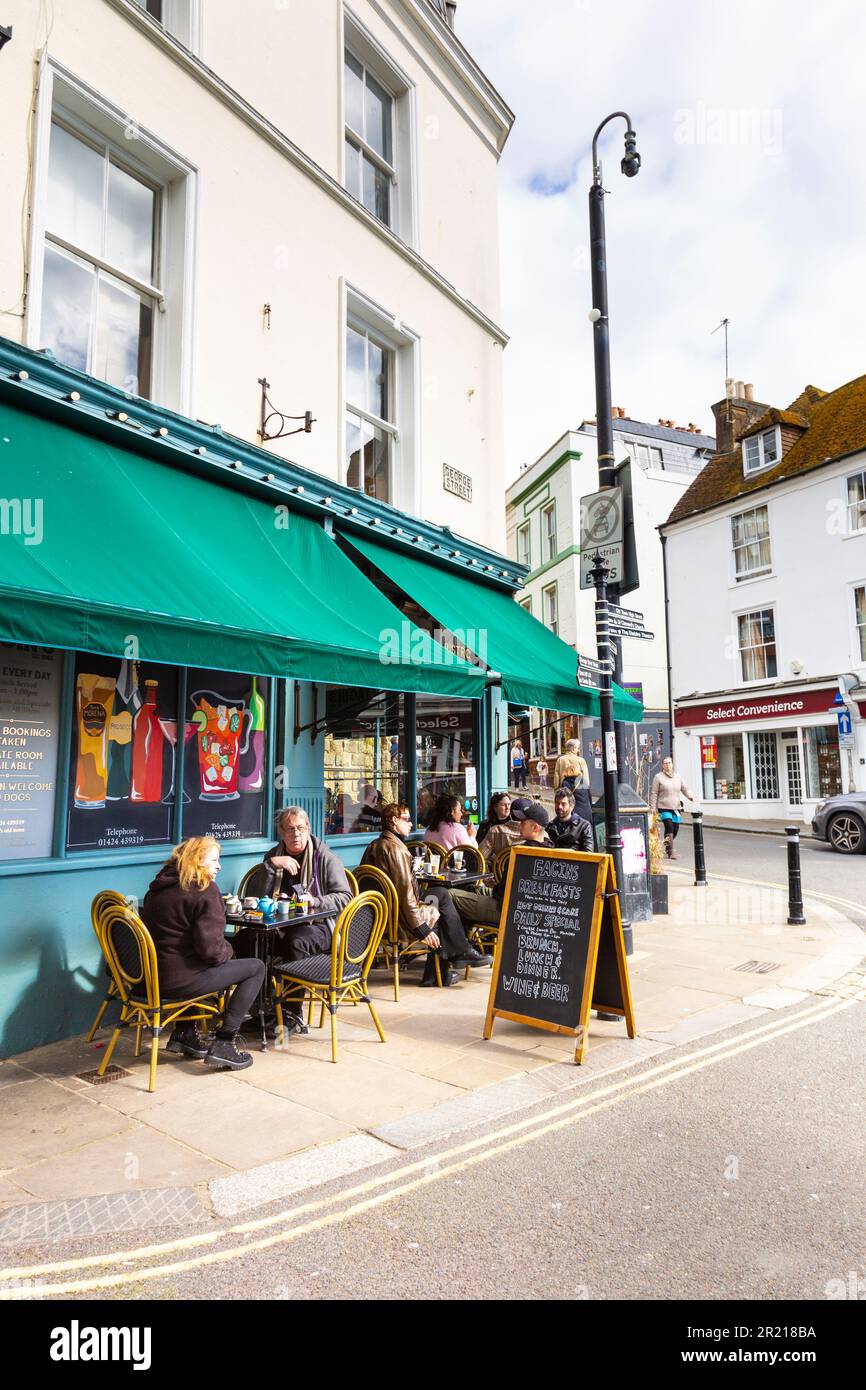 People eating al fresco at Fagin's restaurant in Hastings Old Town, East Sussex, England, UK Stock Photo