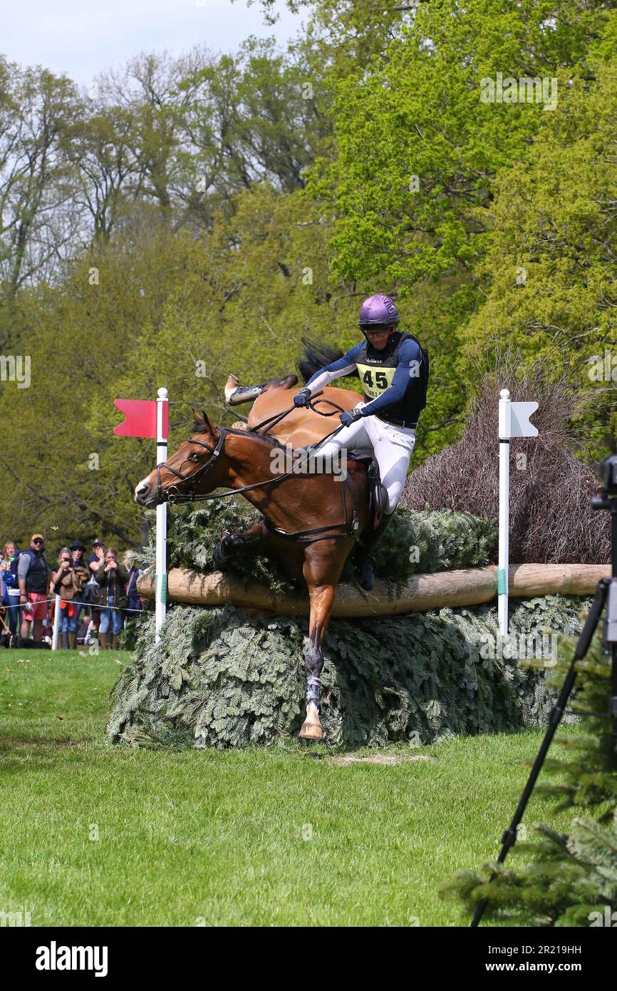 Aaron Millar from Great Britain riding KEC Deakon has a fall at Fence 13 in the Cross Country at Badminton Horse Trials 2023 Stock Photo