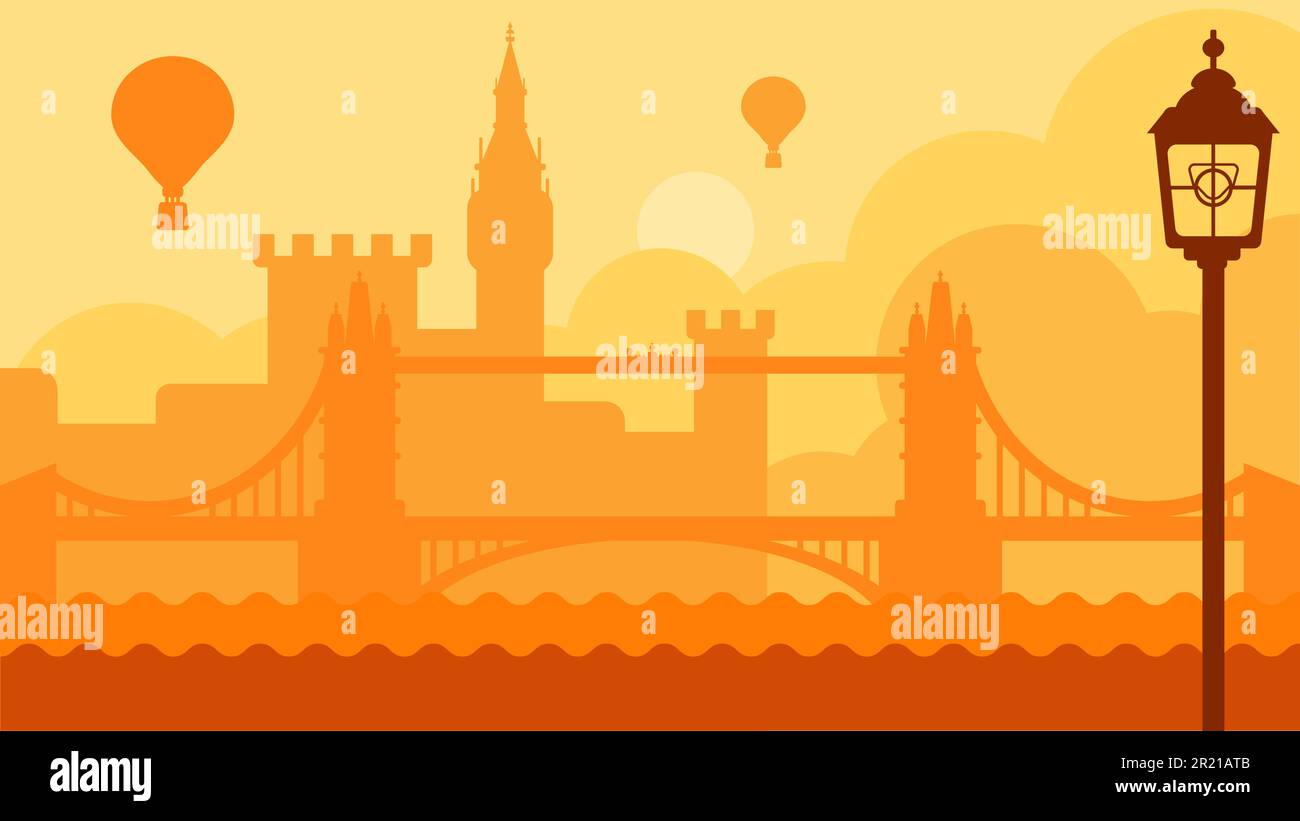 London uk landscape with castle and river vector. Great britain capital city medieval building, bridge tower and lamp on thames embankment. Touristic Stock Vector