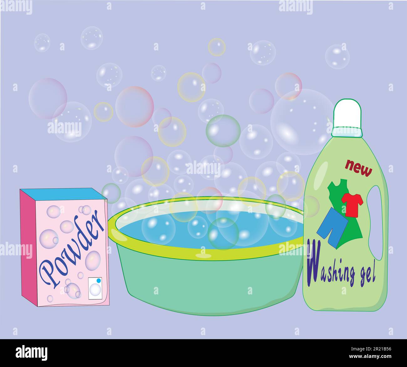 Illustration of hand washing clothes. Soap bubbles come out of the wash basin Stock Vector