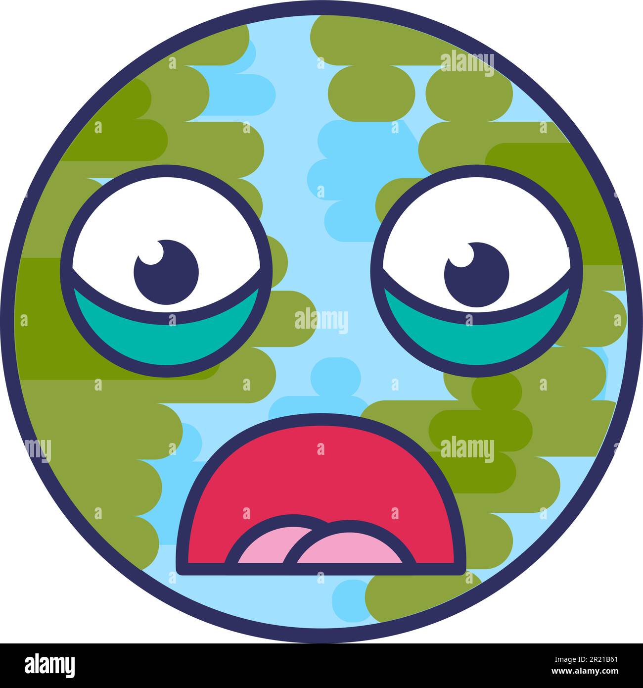 Planet sphere emoji afraid scary expression vector. Earth globe frustrated and nervous face with open mouth and scared eyes. Embarrassed smile emotion Stock Vector