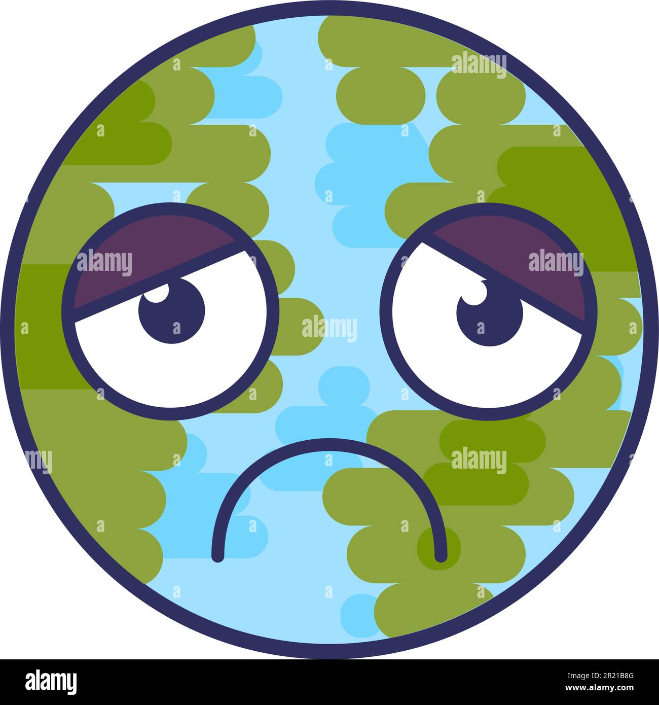 Planet emoji with melancholy expression vector. Sad earth globe, tired and worried face. Depressed earth globe smile emotion. Pensive and sorrowful em Stock Vector