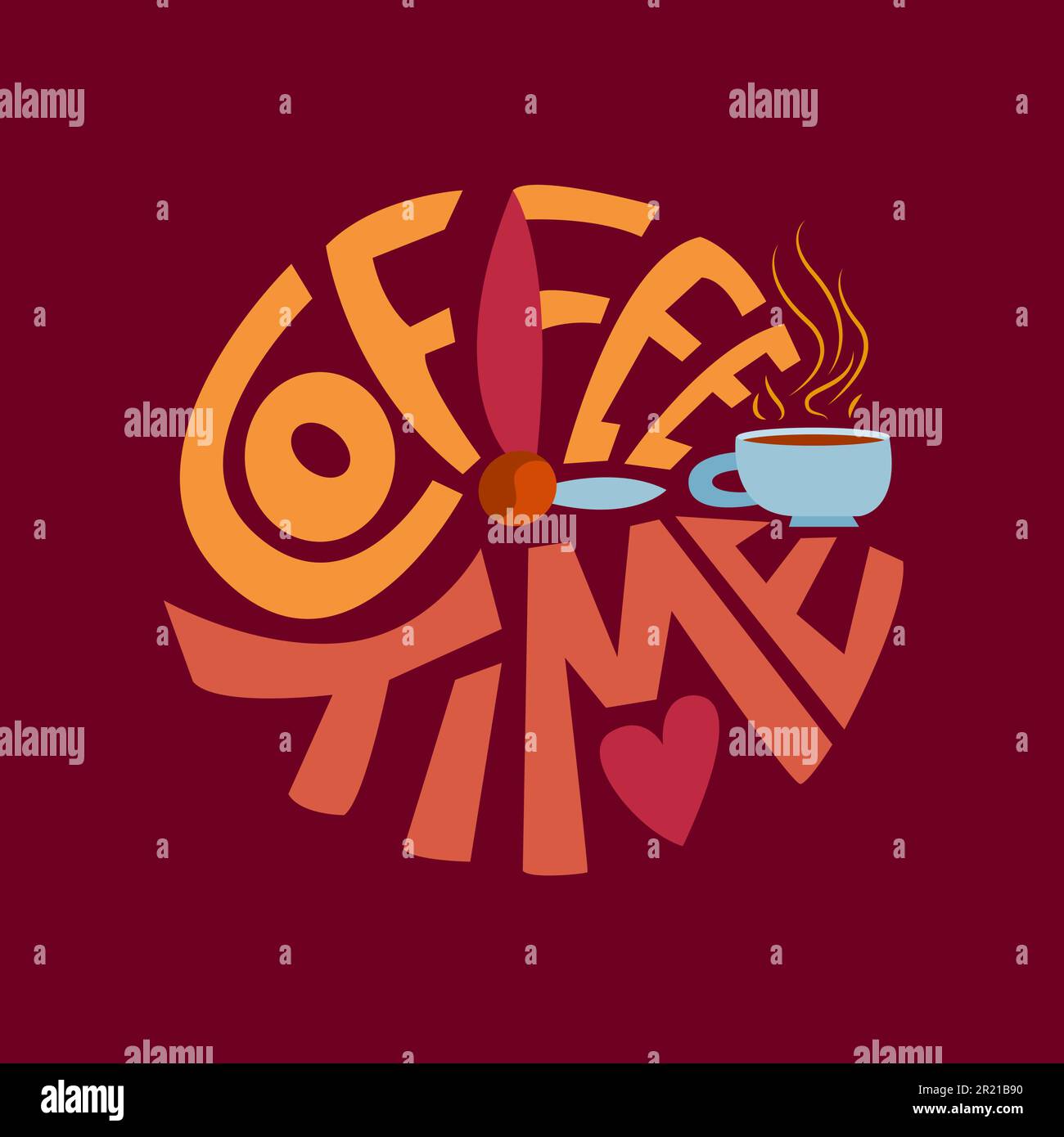 Coffee time cafeteria advertising phrase vector. Advertisement text decorated energy hot drink cup with steam, clock and bell. Inspiration message mor Stock Vector