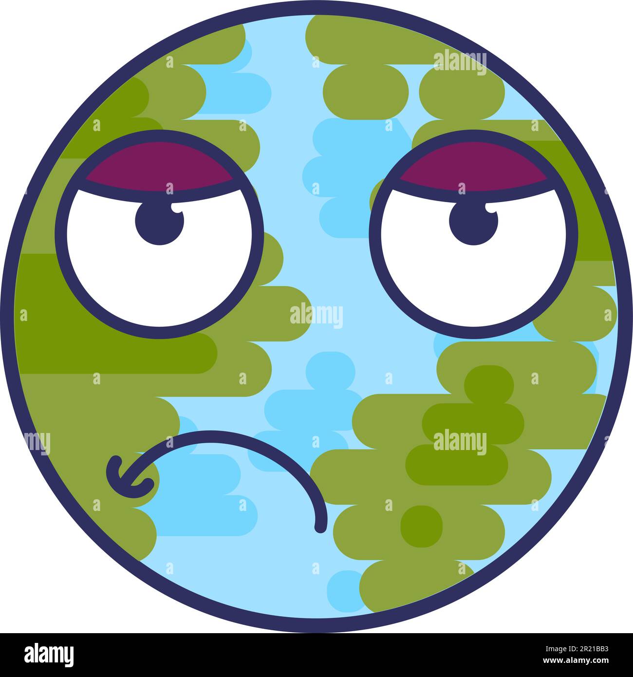 Planet sorrowful expression facial emoji vector. Earth sphere sad, injured and unhappy negative face. Depressed and offended smile emotion. Pensive an Stock Vector