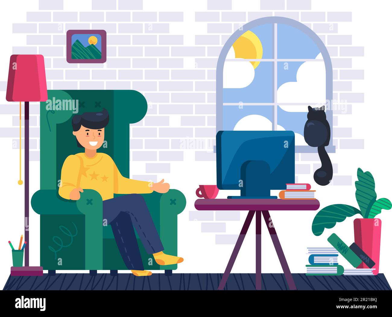 Man watching film on tv in living room vector. Young boy sitting in cozy armchair and watch streaming movie or series on television screen. Character Stock Vector