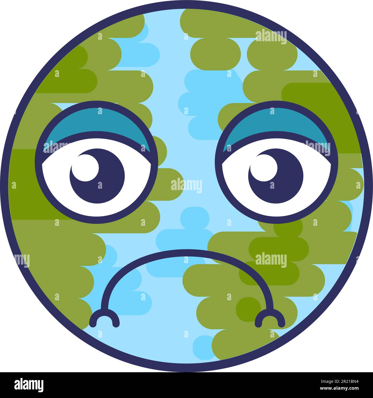 Emoji in planet form sorrowful expression vector. Earth sphere sad, injured and unhappy face. Depressed and offended smile negative emotion. Pensive a Stock Vector