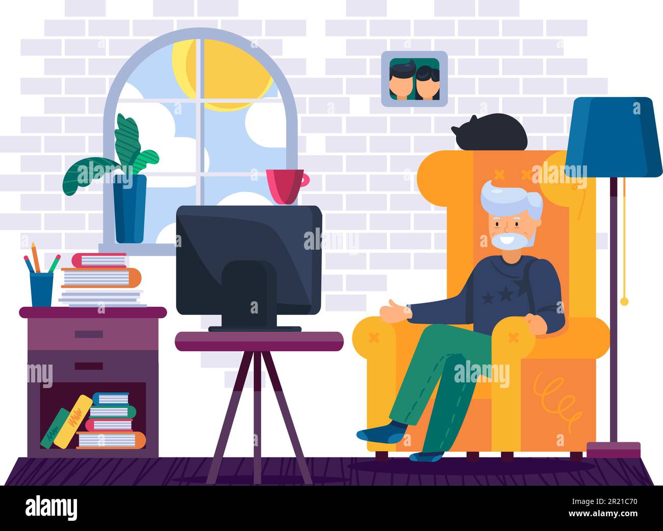 Grandfather watching tv in living room vector. Happiness grandpa sit in