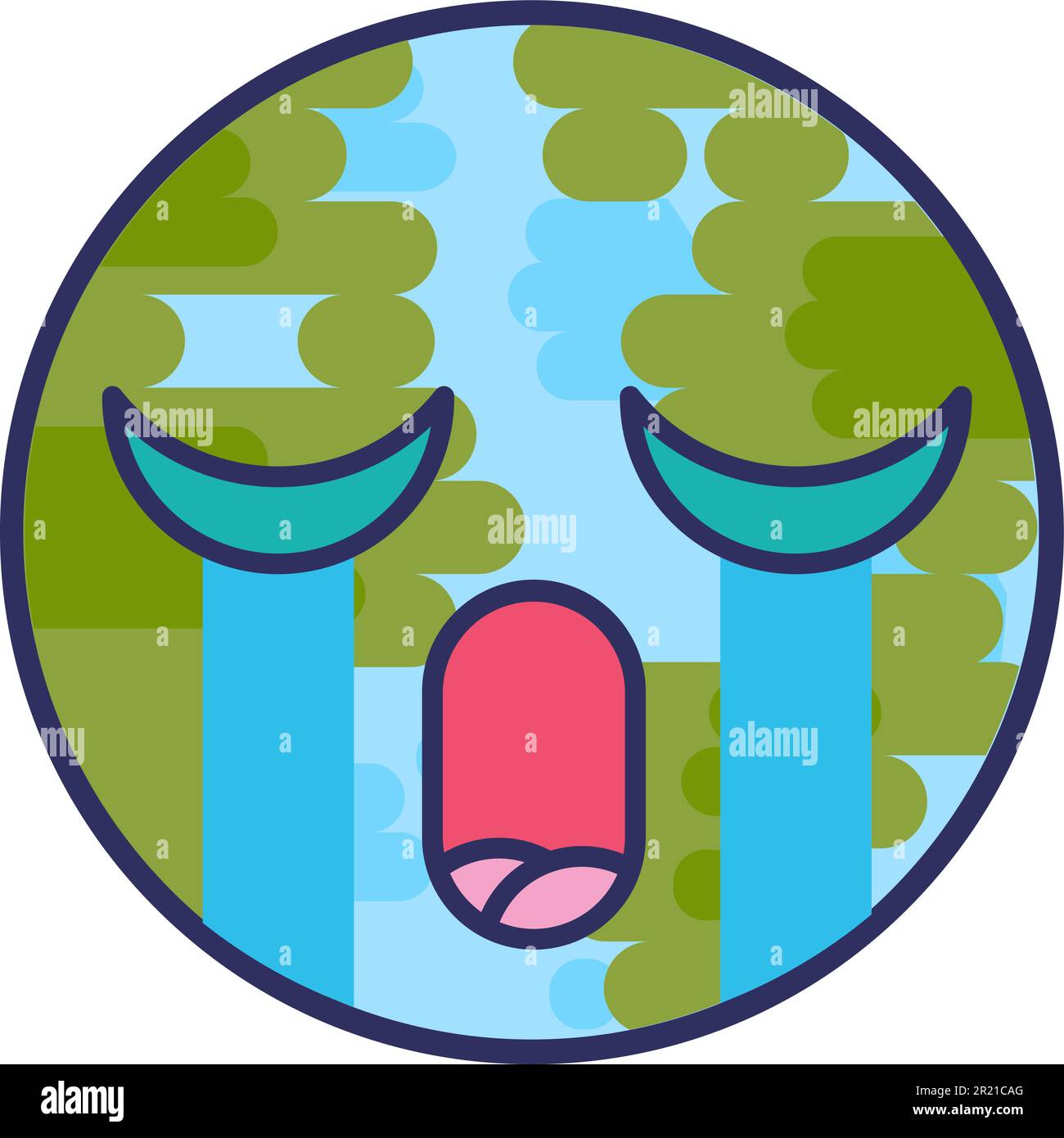 Planet emoji crying negative expression vector. Earth globe face with closed eyes and open mouth cry tear. Depressed and offended smile emotion. Plang Stock Vector