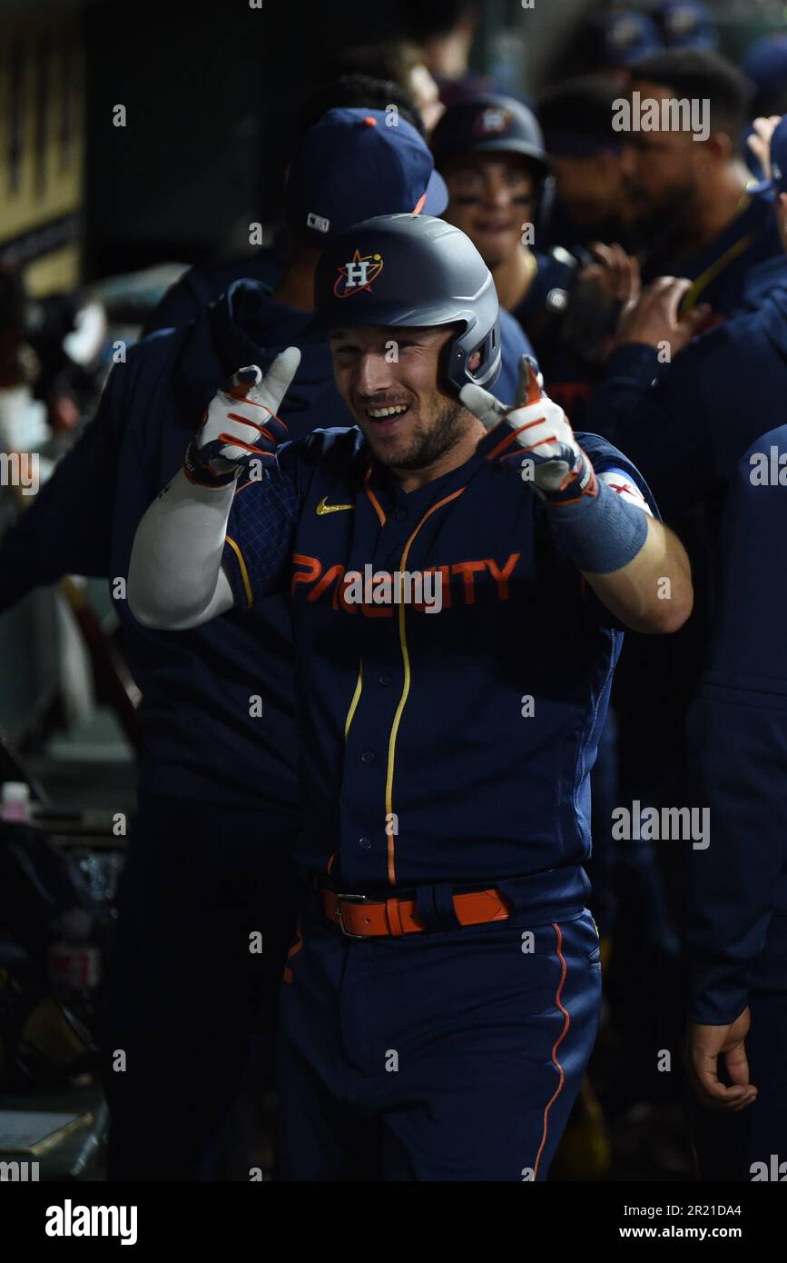 Houston Astros third baseman Alex Bregman (2) is all smiles after hitting a 2 RBI, 366-foot home run to left field in the bottom of the seventh inning Stock Photo