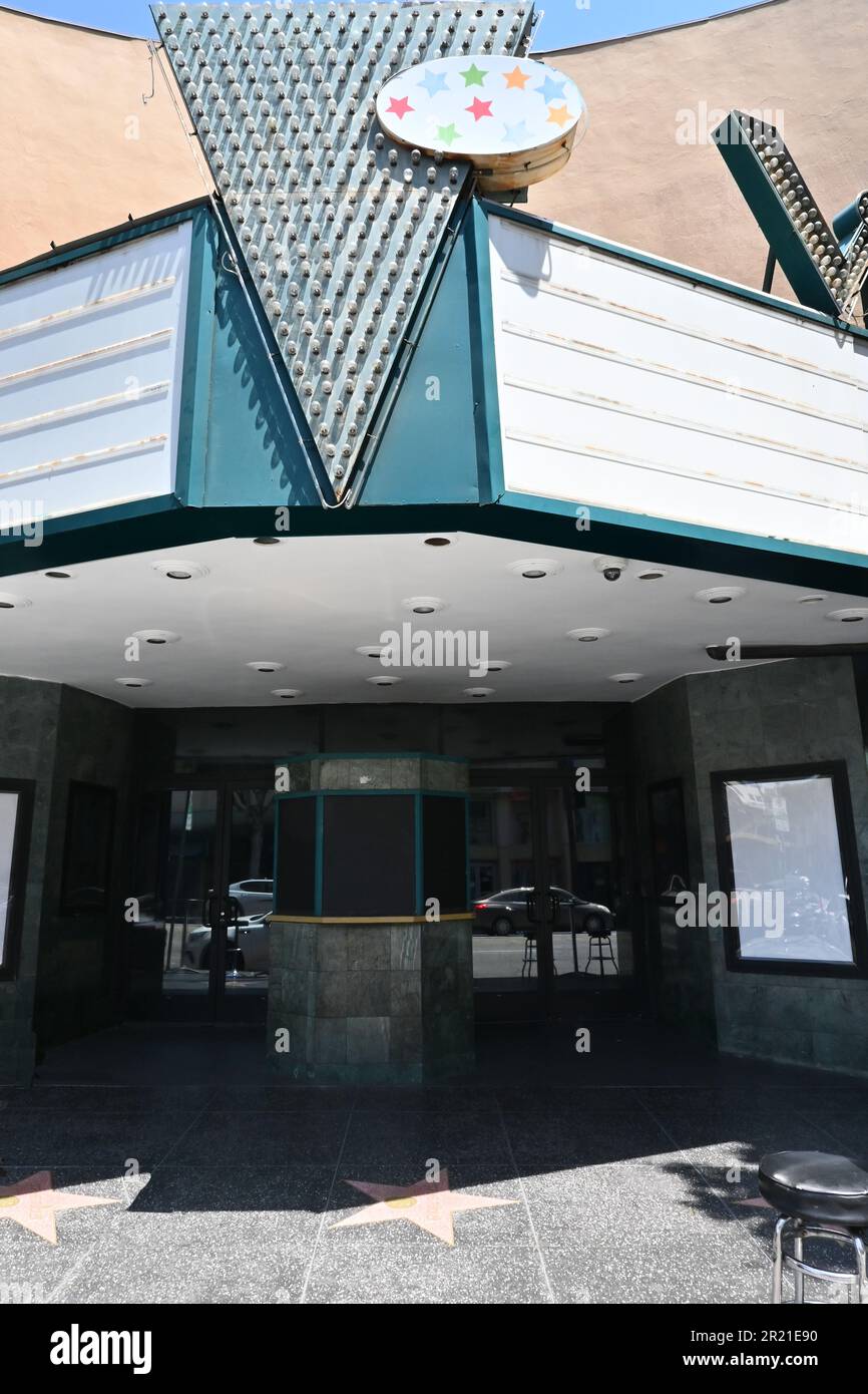 LOS ANGELES, CALIFORNIA - 12 MAY 2023: Closeup of the ticket booth and Marquee of the old Vine  Theatre on Hollywood Boulevard. Stock Photo