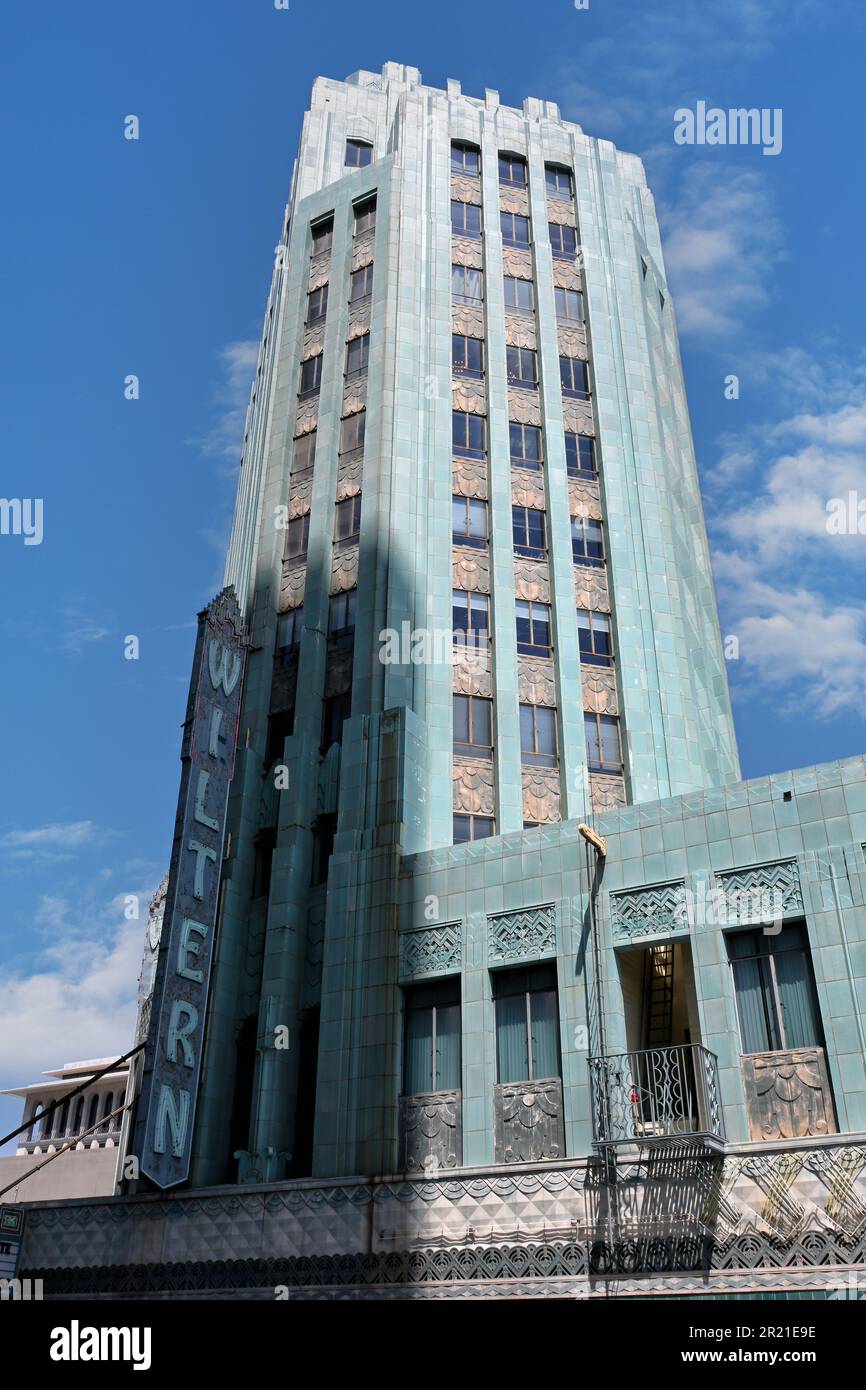 LOS ANGELES, CALIFORNIA - 12 MAY 2023: The Wiltern Theatre sign on the iconic art deco building on Wilshire Boulevard. Stock Photo