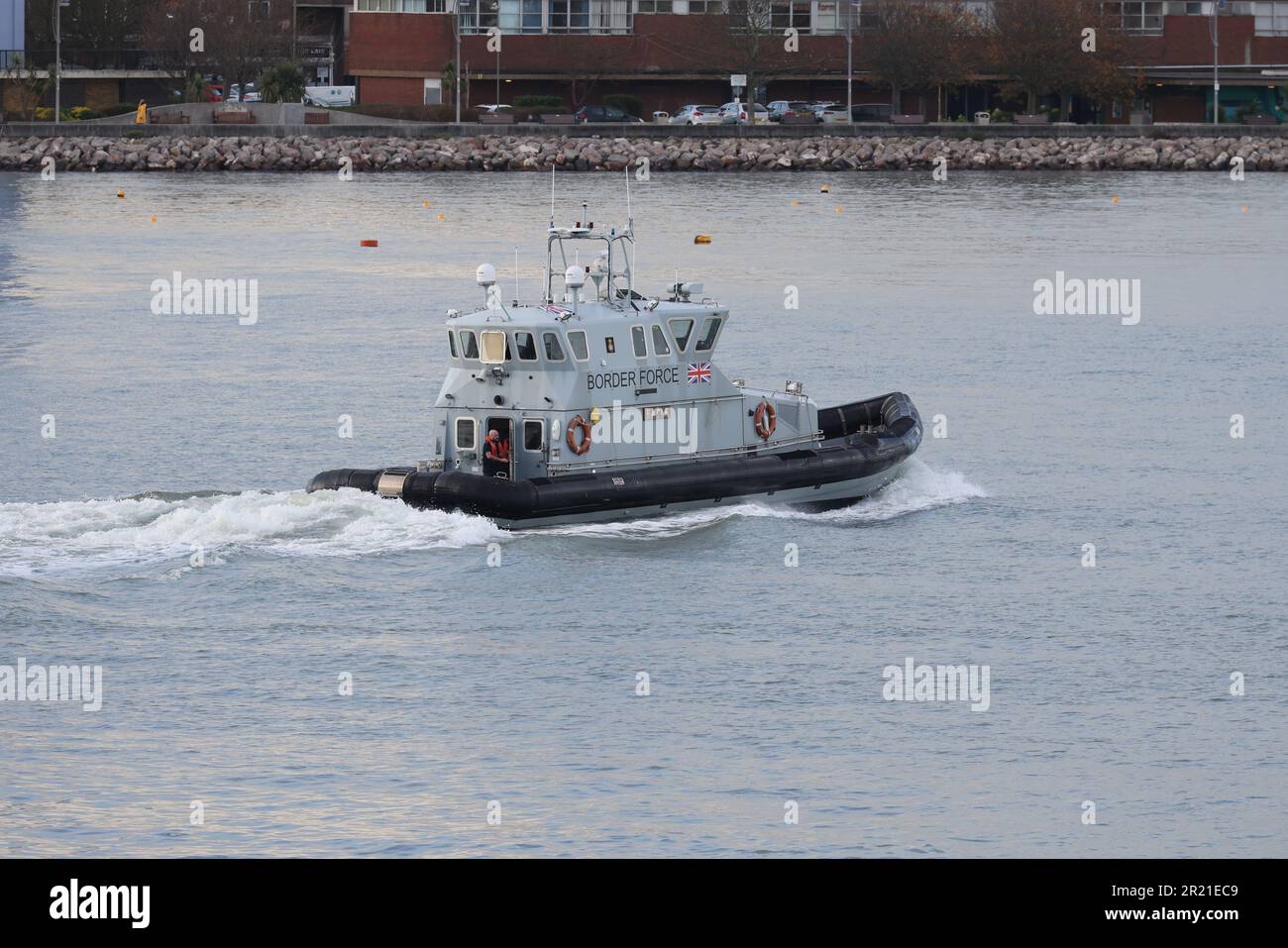 The UK Border Force coastal patrol vessel HMC EAGLE approaching a berth in Haslar Marina Stock Photo