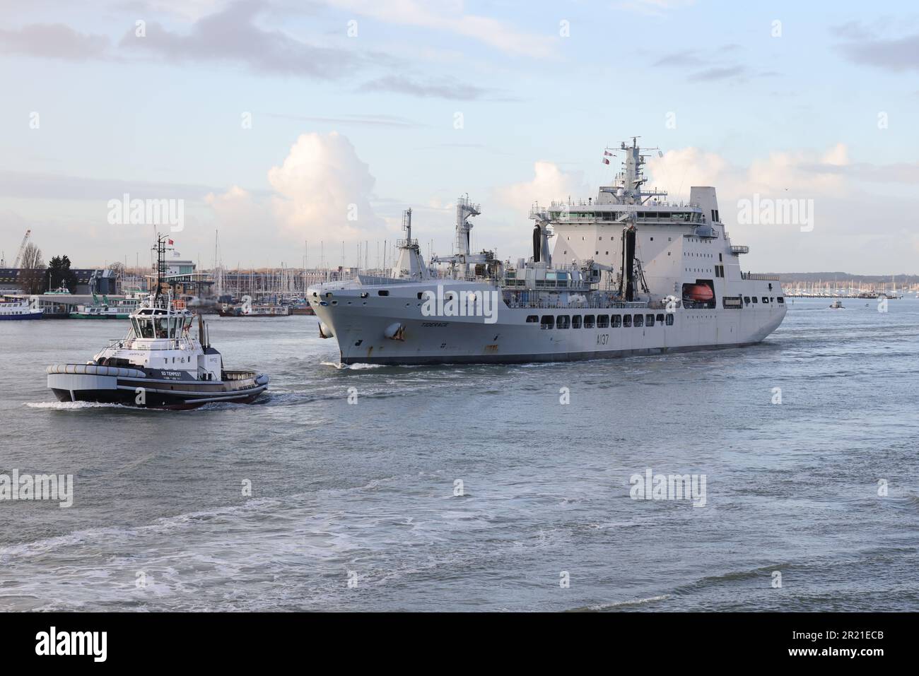 The Royal Fleet Auxiliary replenishment tanker RFA TIDERACE (A137) is