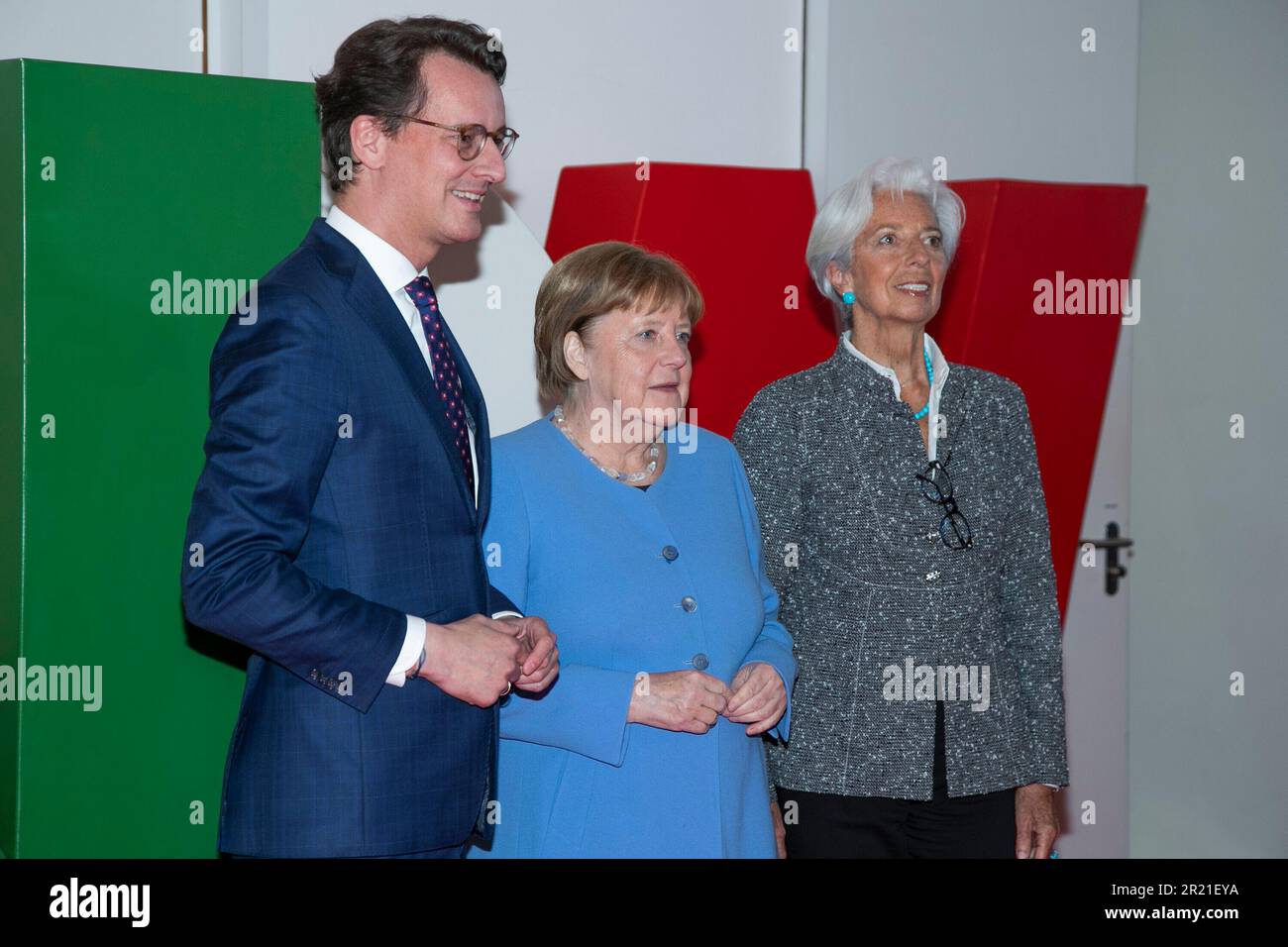 Cologne, Deutschland. 16th May, 2023. From left to right: Christine Lagarde (President of the European Central Bank), Dr. Angela Merkel (former Chancellor), Hendrik Wuest (Prime Minister North Rhine-Westphalia)Koeln, presentation of the State Prize of the State of North Rhine-Westphalia to former Chancellor Dr. Angela Merkel, May 16, 2023, Flora Cologne. Credit: dpa/Alamy Live News Stock Photo