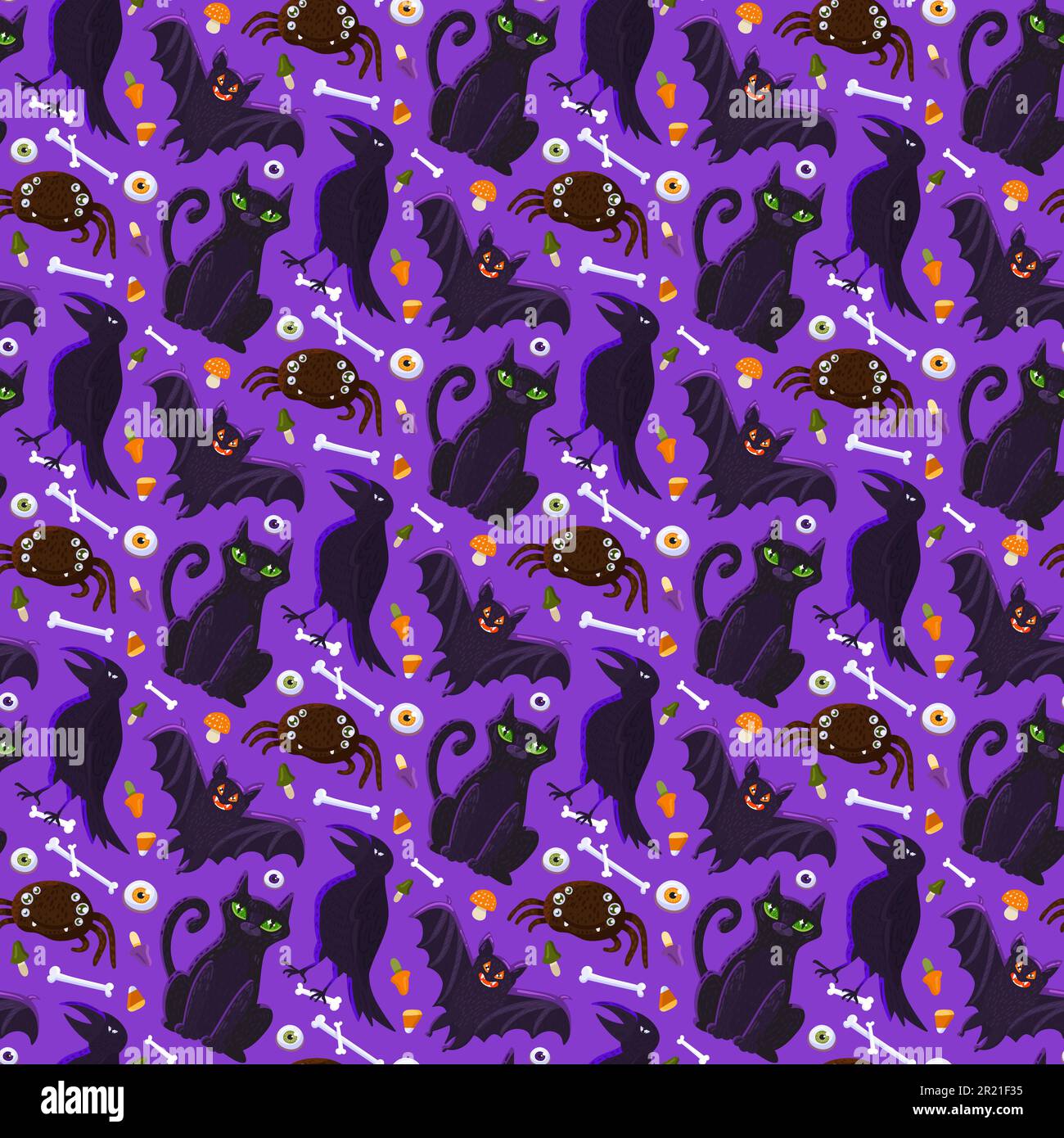 Halloween scary animal seamless pattern vector. Domestic black cat and