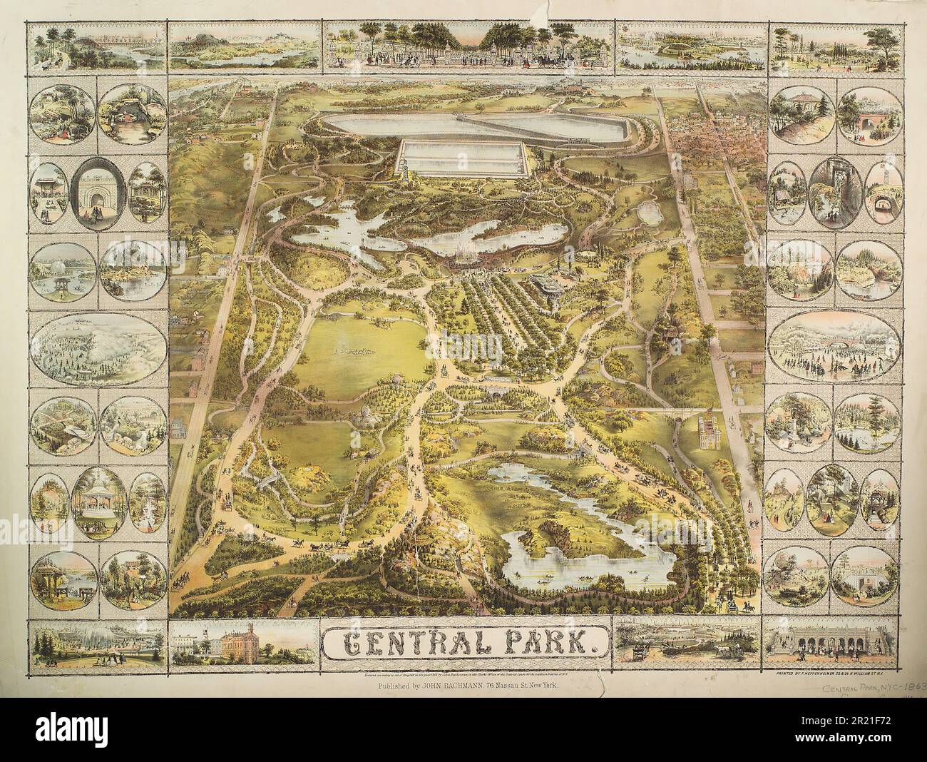 Vintage 19th century illustrated map of Central Park ca. 1863 in New York City, USA. Published by John Bachmann. Stock Photo