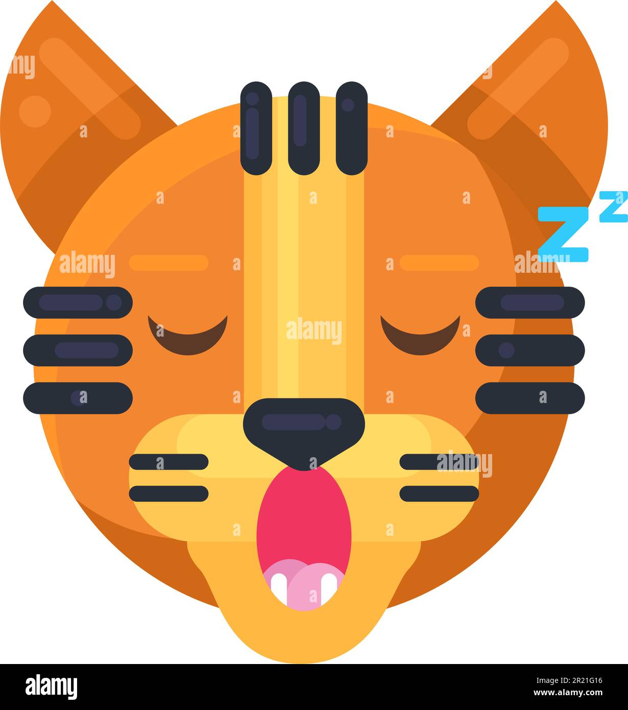 Tiger sleeping expression cute funny emoji vector. Tropical animal face with closed eyes and open mouth. Sleep, dreamy and tired smile emotion. Dream Stock Vector