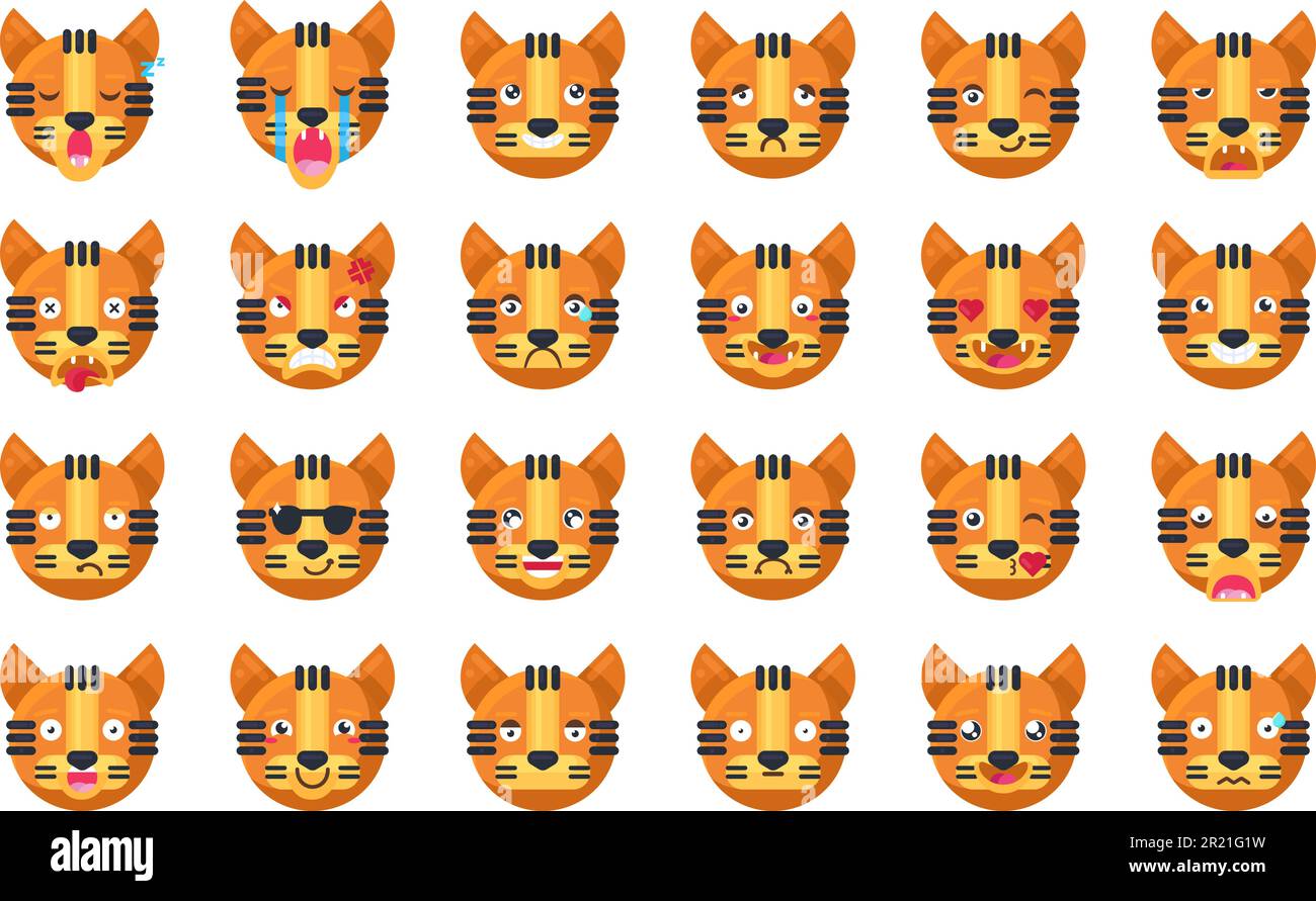 Tiger emoji different mood collection set vector. Cool jungle cat animal  smiling and laughing with teeth and cute eyes, sad and angry, sleeping and  ki Stock Vector Image & Art - Alamy