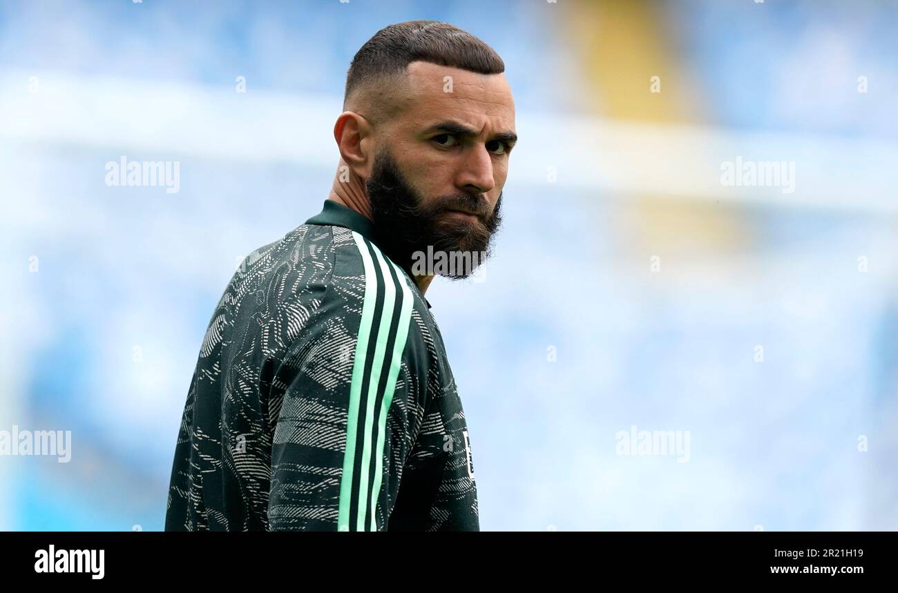 Manchester. UK, 8th May 2023. Karim Benzema of Real Madrid attends a training session at the Etihad Stadium, Manchester. Picture date: 8th May 2023. Picture credit should read: Andrew Yates/Sportimage Credit: Sportimage Ltd/Alamy Live News Stock Photo