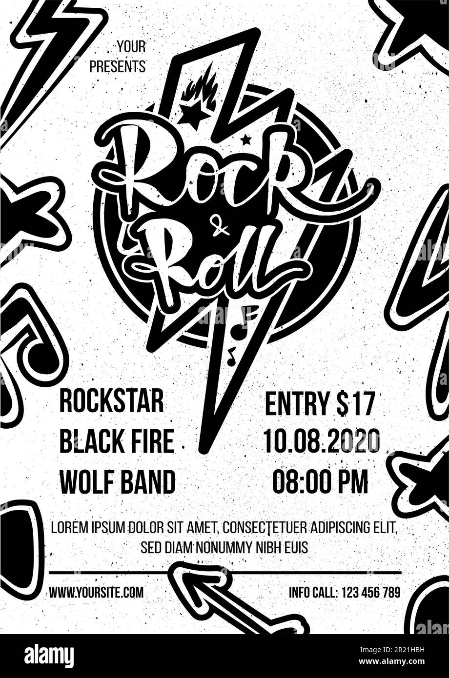 Rock and roll advertising monochrome poster vector. Rock n roll show announcement vintage banner, music label, heavy metal band show invitation flyer, Stock Vector
