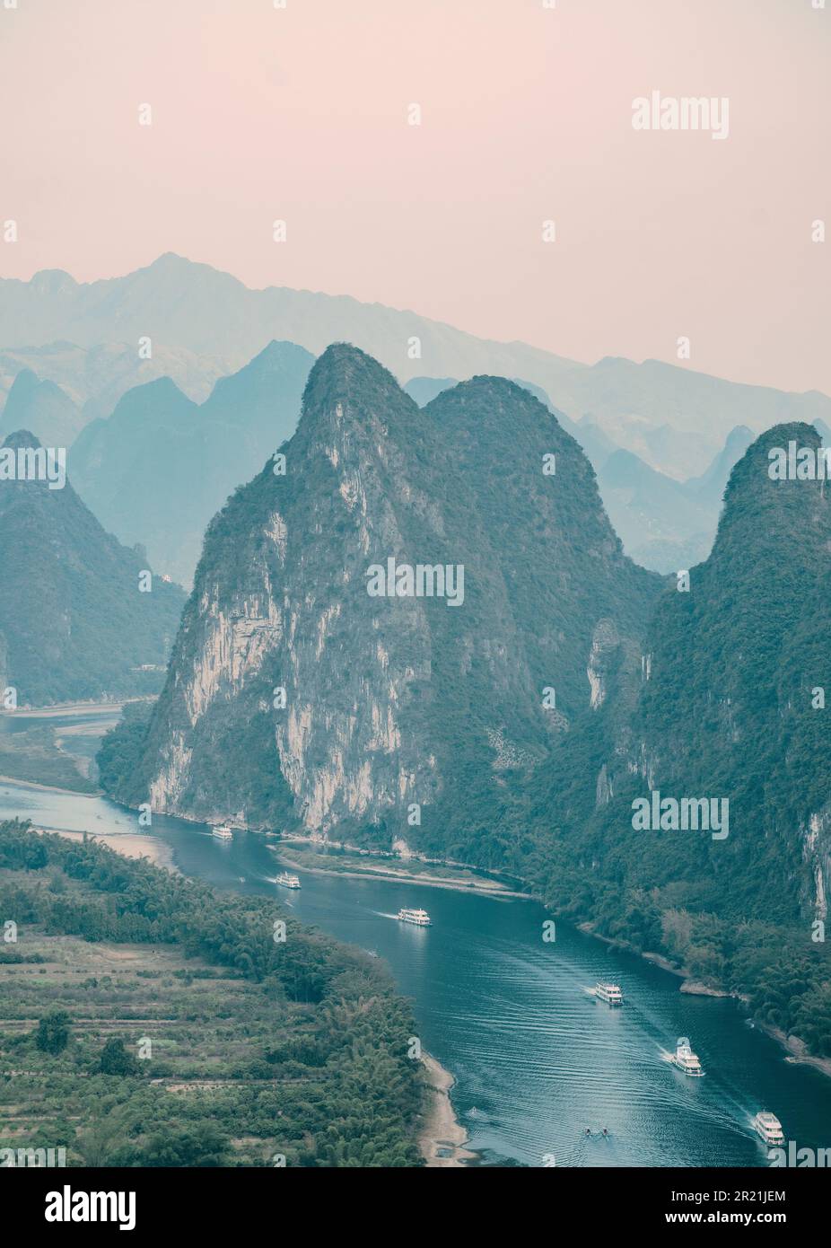 Aerial view of the stunning Lijiang River in the Guilin region of the Guangxi Zhuang Autonomous Region in China, Asia Stock Photo