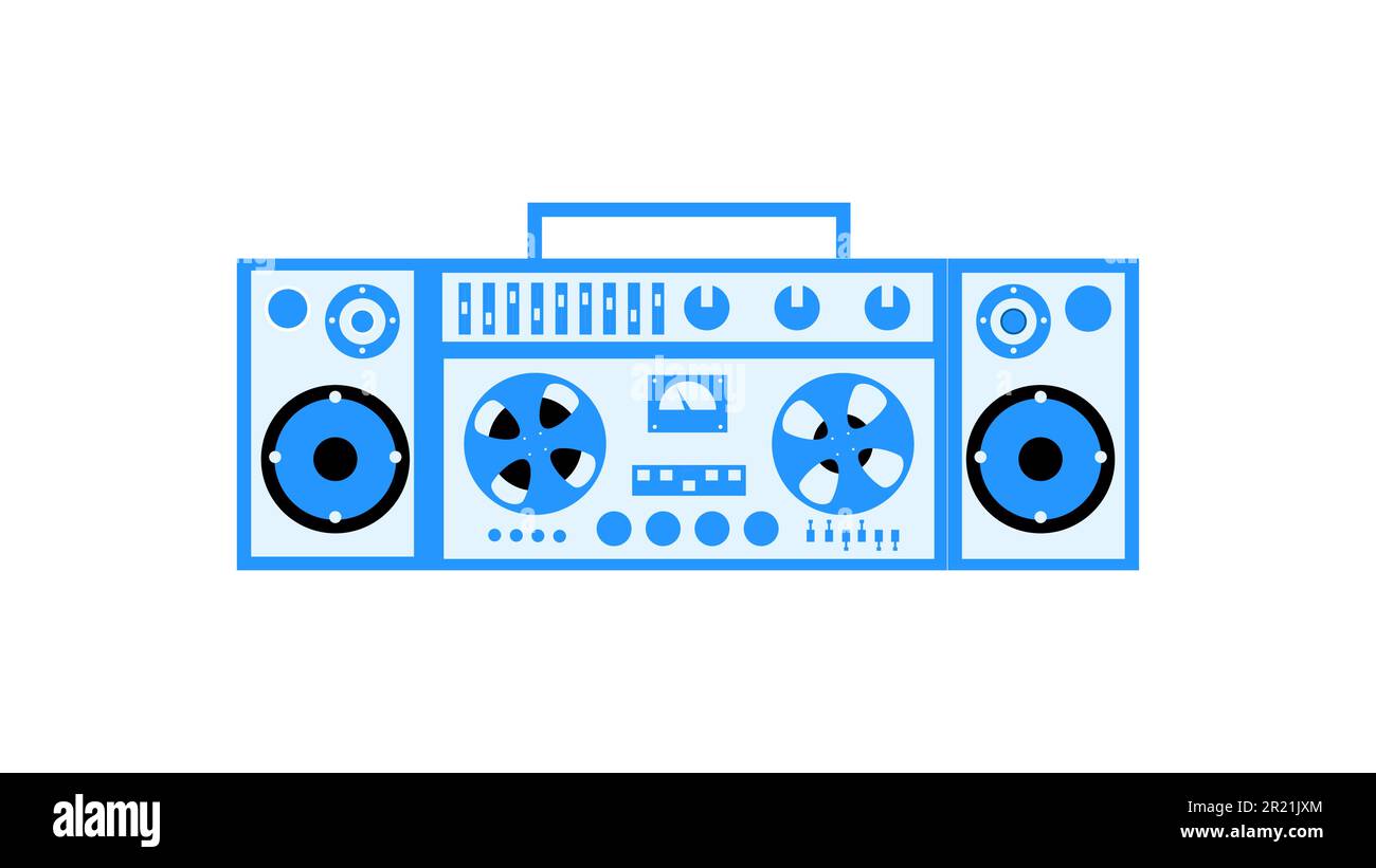 Old retro blue vintage music cassette tape recorder with magnetic tape on reels and speakers from the 70s, 80s, 90s. Beautiful icon. Vector illustrati Stock Vector