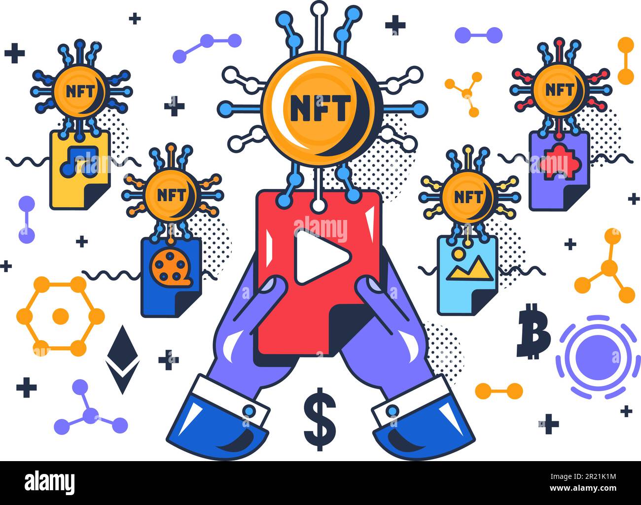 Buying media file with nft cryptocurrency vector. Buy video and music, audio and image, movie and photography with digital money bitcoin or ethereum. Stock Vector