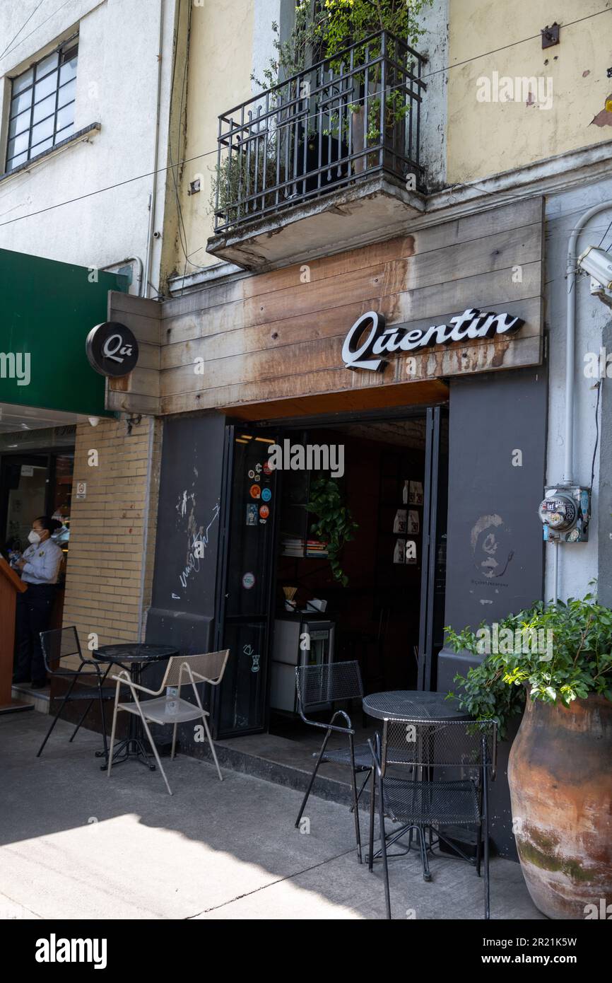 Mexico City, Mexico, May 07, 2023 Exterior facade of Quentin coffee